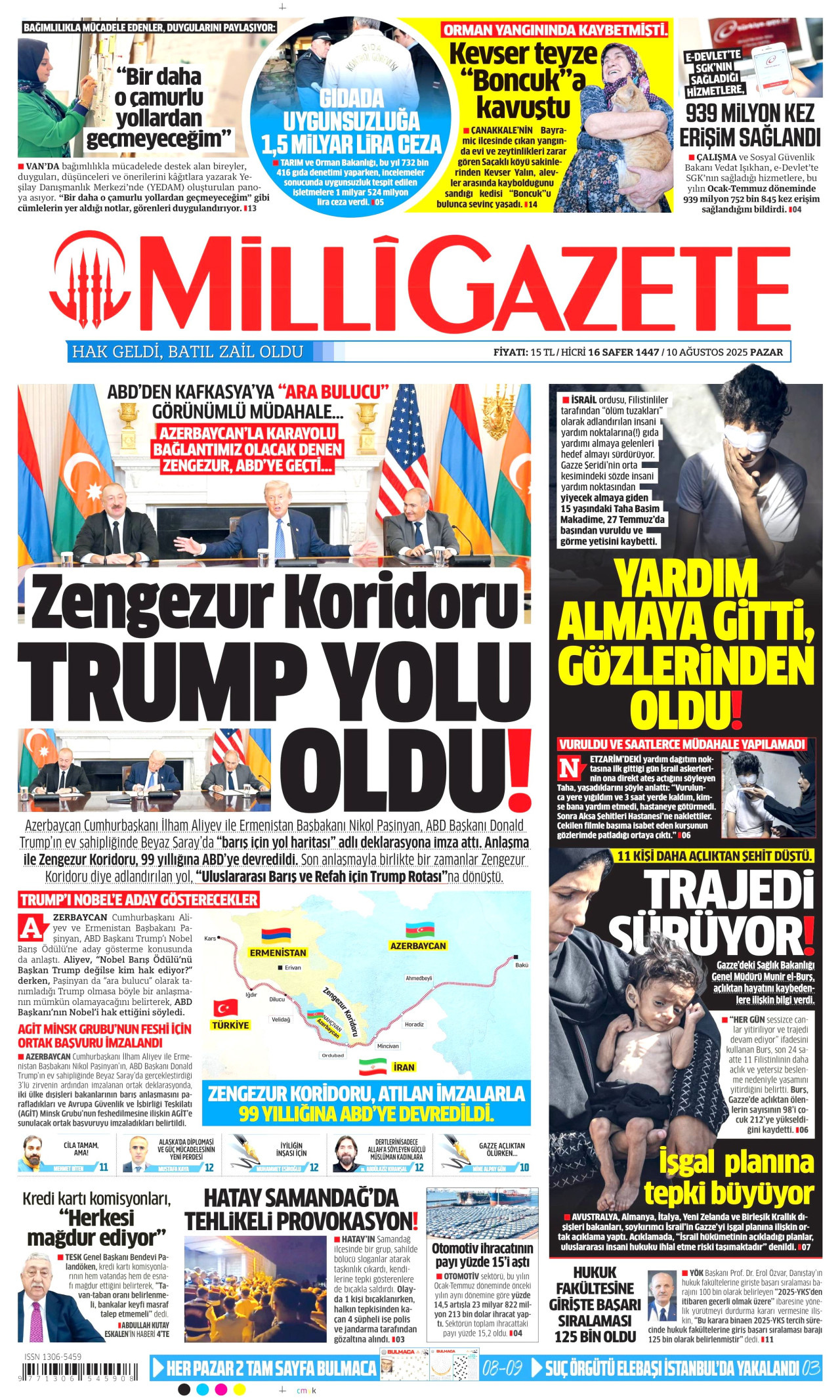 MİLLİ GAZETE gazetesinin 10 Ağustos 2025 tarihli birinci sayfası