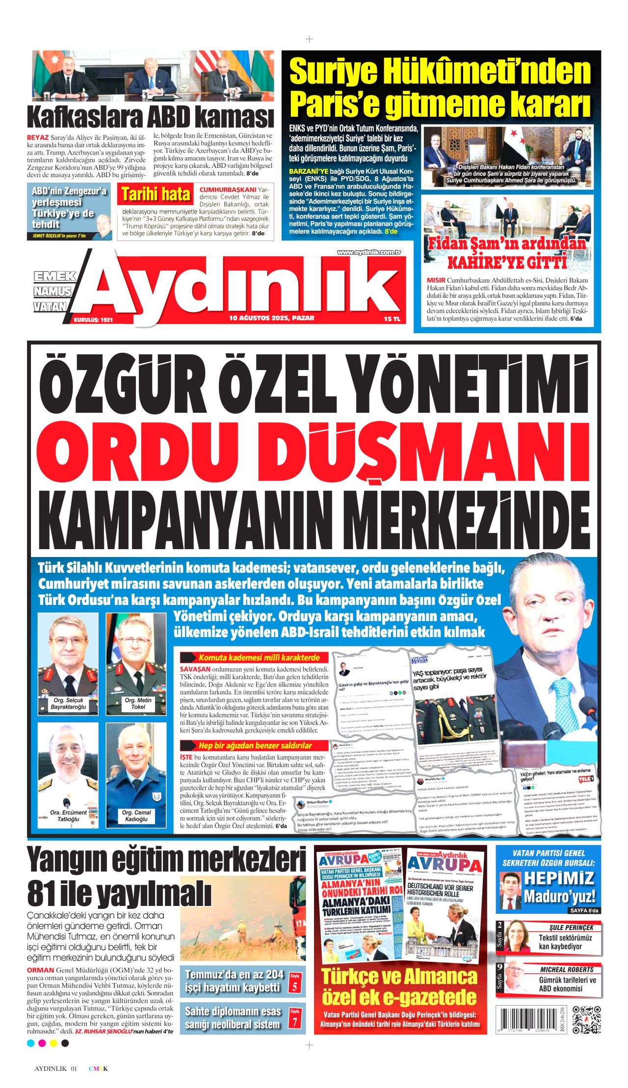 AYDINLIK GAZETESİ gazetesinin 10 Ağustos 2025 tarihli birinci sayfası