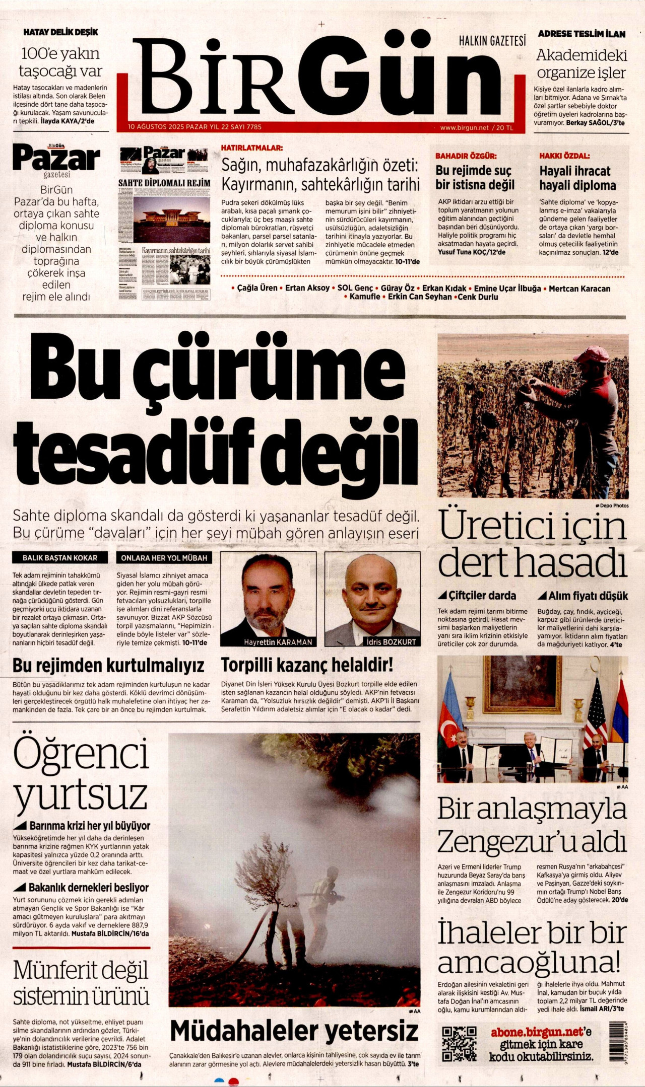 BİRGÜN gazetesinin 10 Ağustos 2025 tarihli birinci sayfası