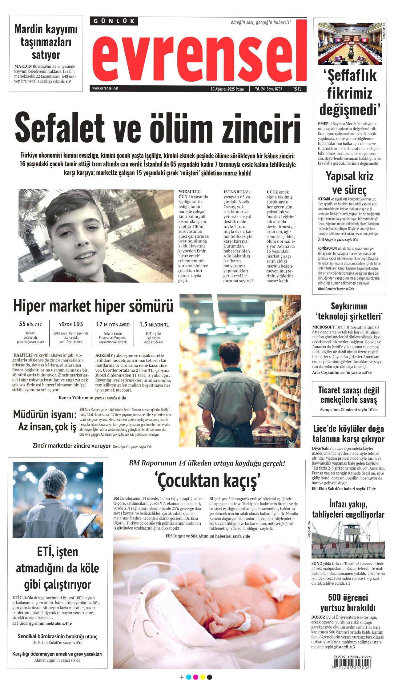 EVRENSEL gazetesinin 10 Ağustos 2025 tarihli birinci sayfası