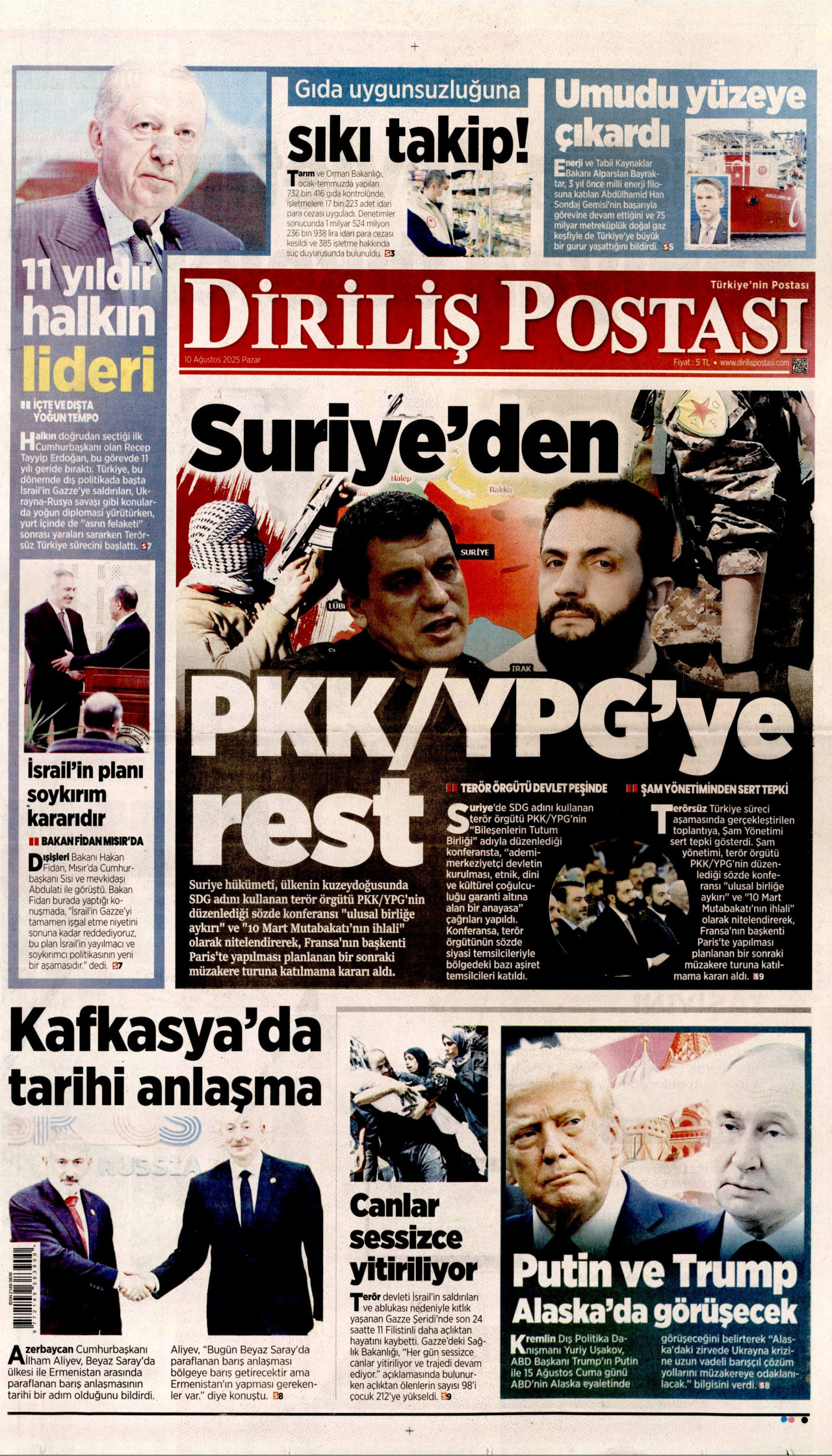 DİRİLİŞ POSTASI gazetesinin 10 Ağustos 2025 tarihli birinci sayfası