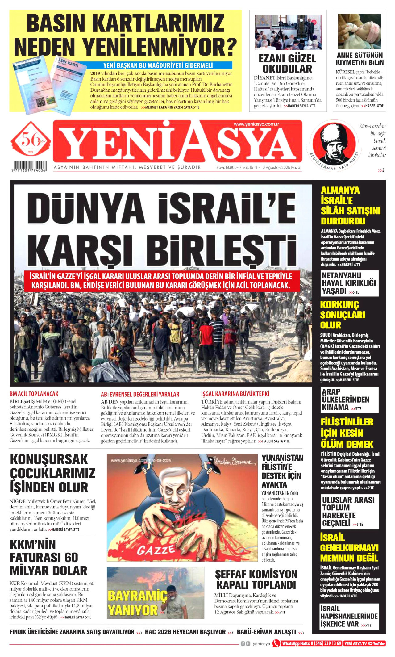 YENİ ASYA gazetesinin 10 Ağustos 2025 tarihli birinci sayfası