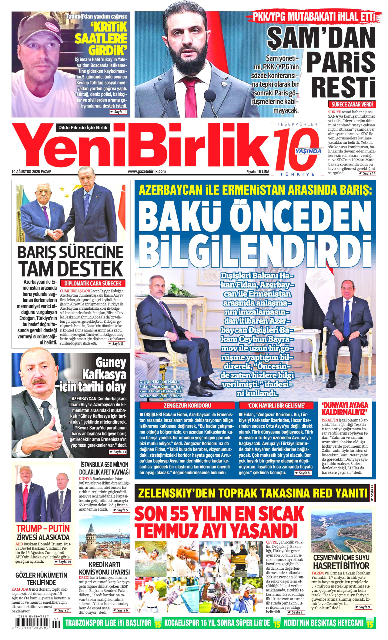 YENİBİRLİK gazetesinin 10 Ağustos 2025 tarihli birinci sayfası