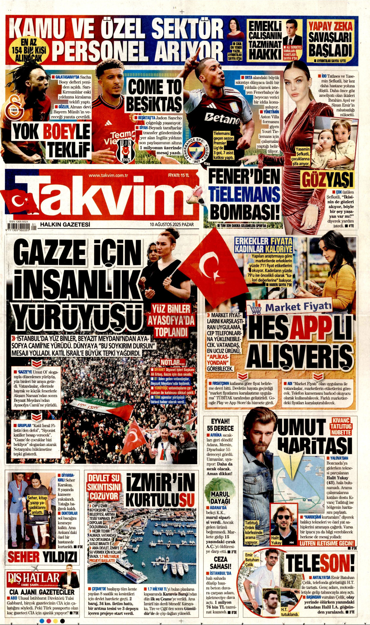 TAKVİM gazetesinin 10 Ağustos 2025 tarihli birinci sayfası