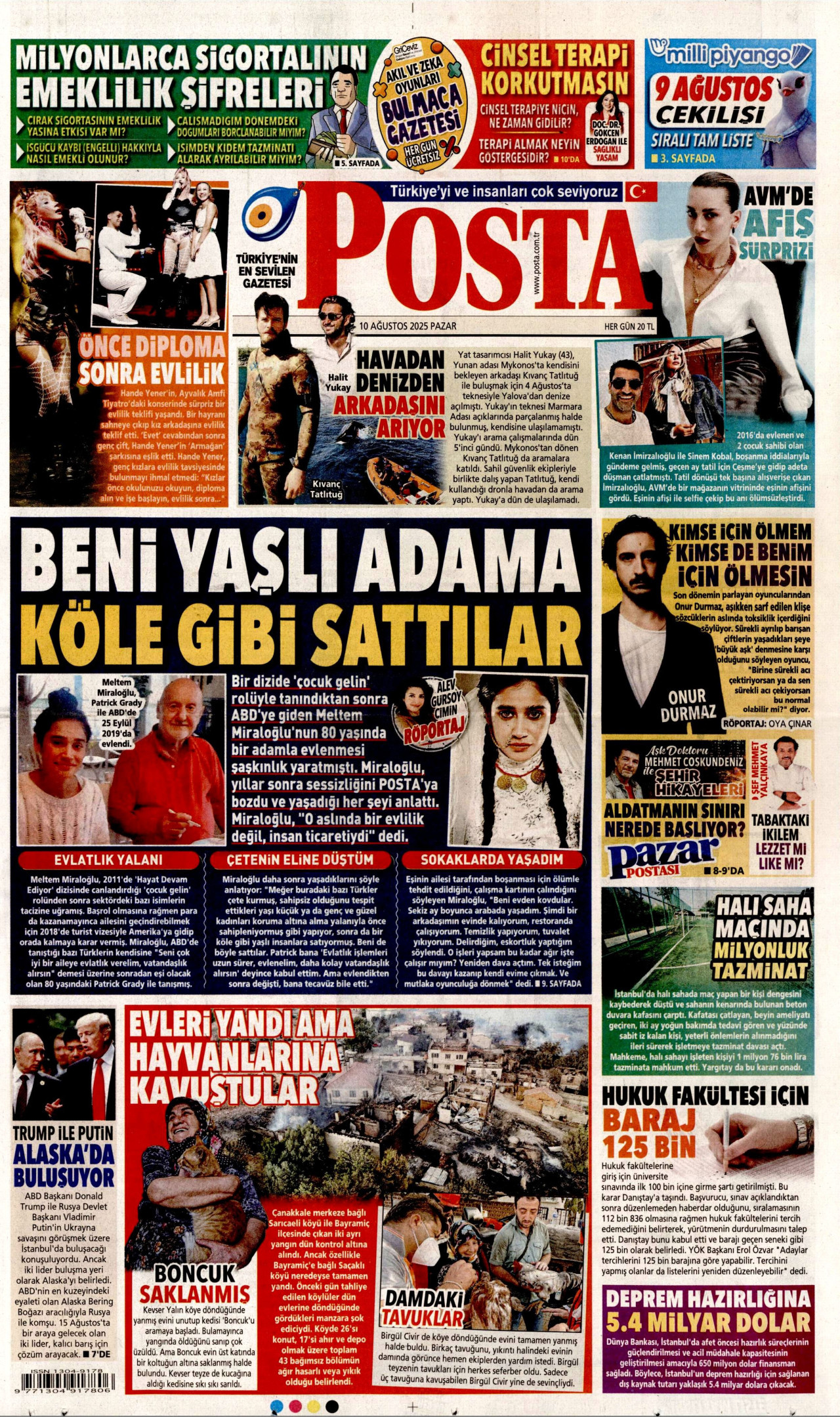 POSTA gazetesinin 10 Ağustos 2025 tarihli birinci sayfası