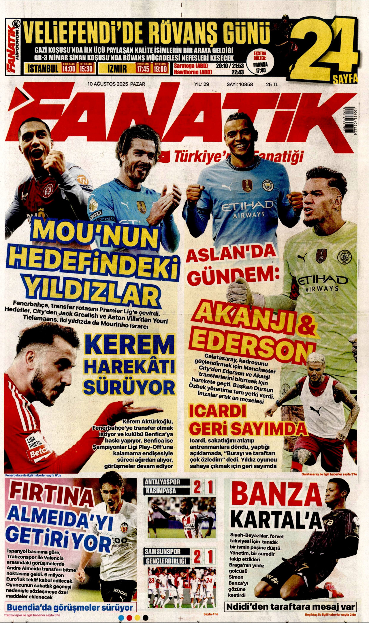 FANATİK gazetesinin 10 Ağustos 2025 tarihli birinci sayfası