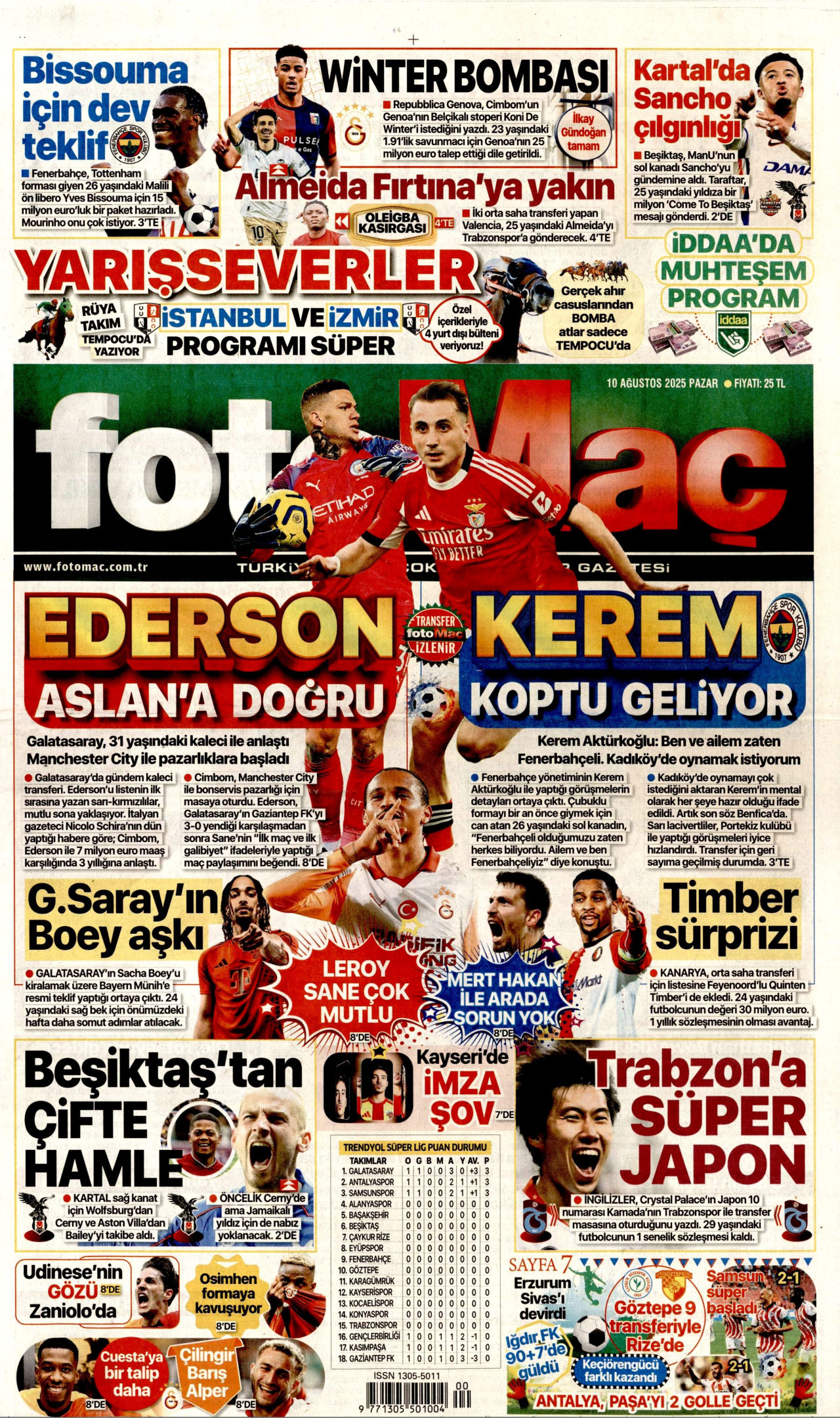 FOTOMAÇ gazetesinin 10 Ağustos 2025 tarihli birinci sayfası