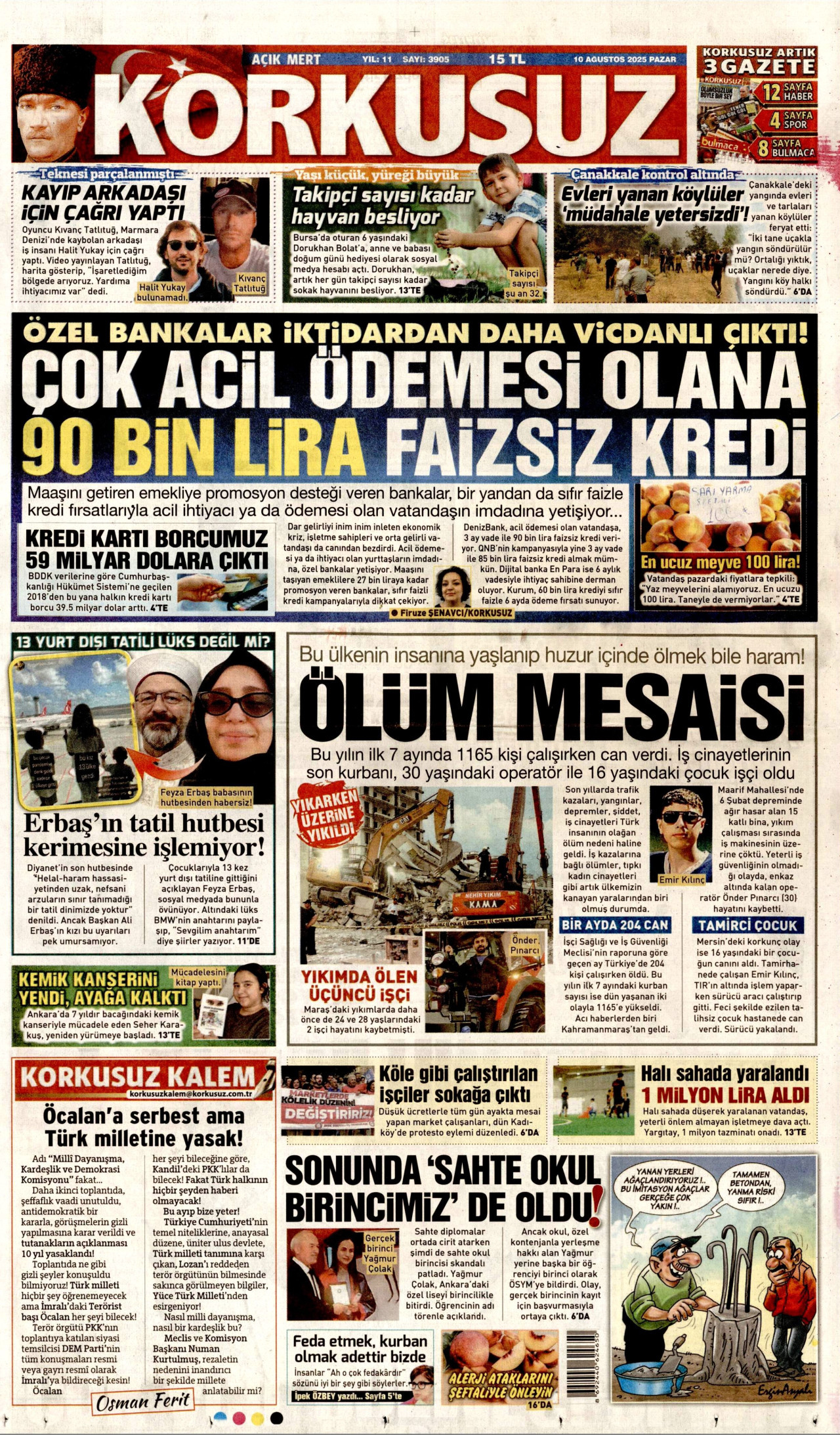 KORKUSUZ gazetesinin 10 Ağustos 2025 tarihli birinci sayfası