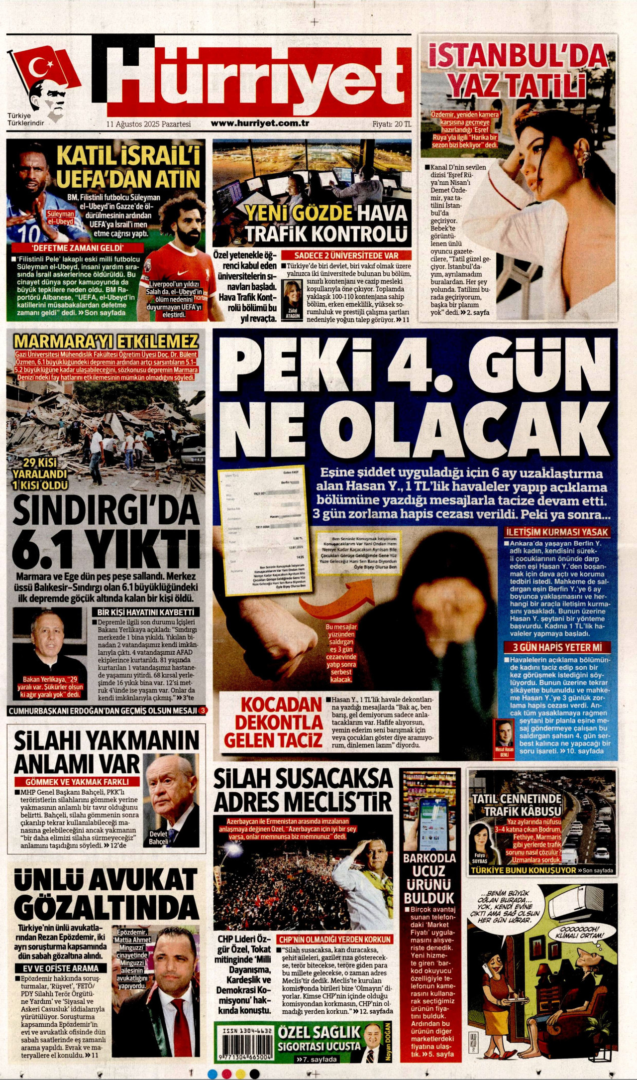 HÜRRİYET gazetesinin 11 Ağustos 2025 tarihli birinci sayfası