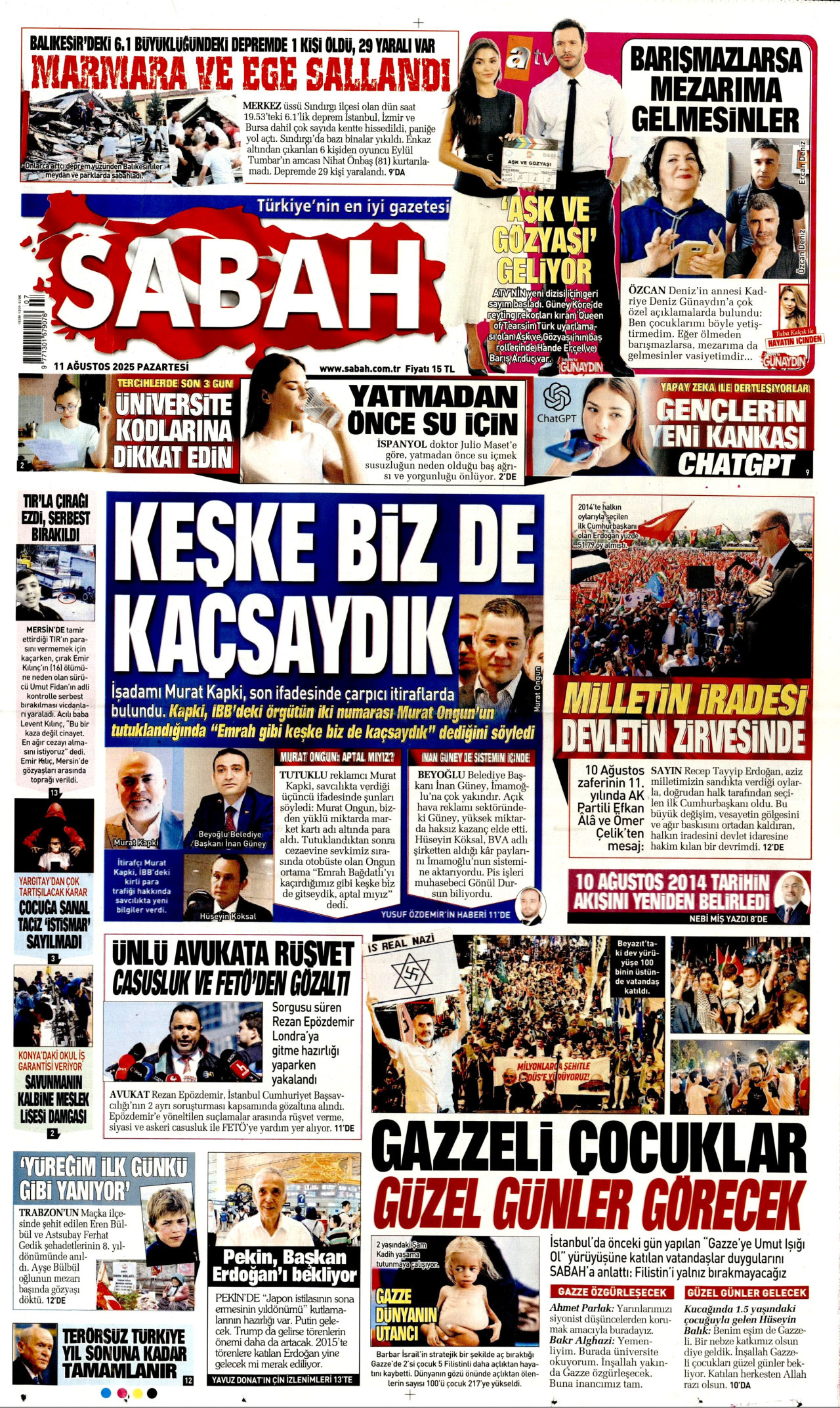 SABAH gazetesinin 11 Ağustos 2025 tarihli birinci sayfası