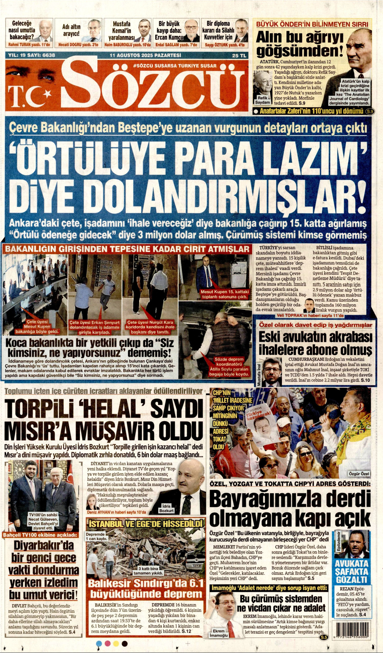 SÖZCÜ gazetesinin 11 Ağustos 2025 tarihli birinci sayfası