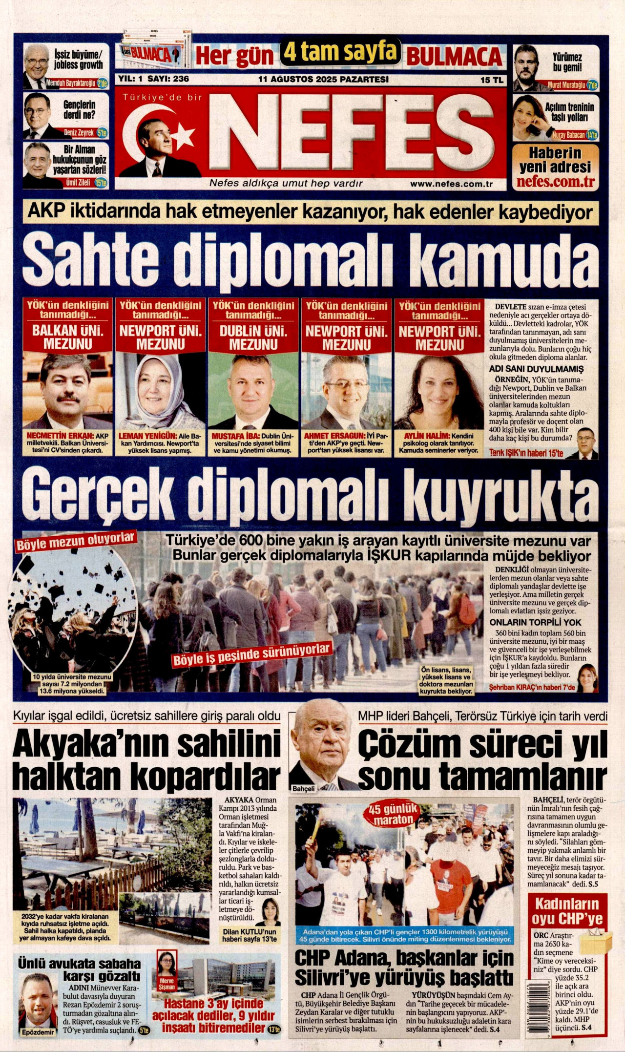 NEFES gazetesinin 11 Ağustos 2025 tarihli birinci sayfası