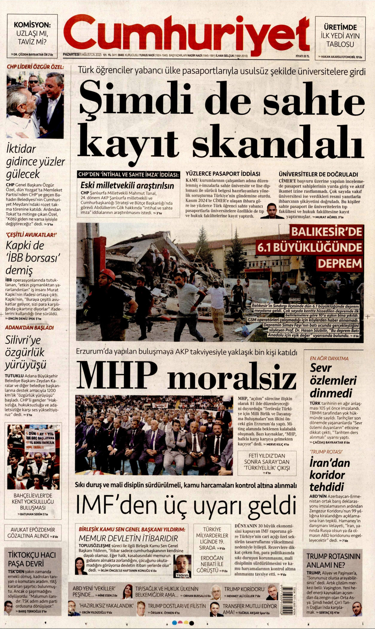 CUMHURİYET gazetesinin 11 Ağustos 2025 tarihli birinci sayfası