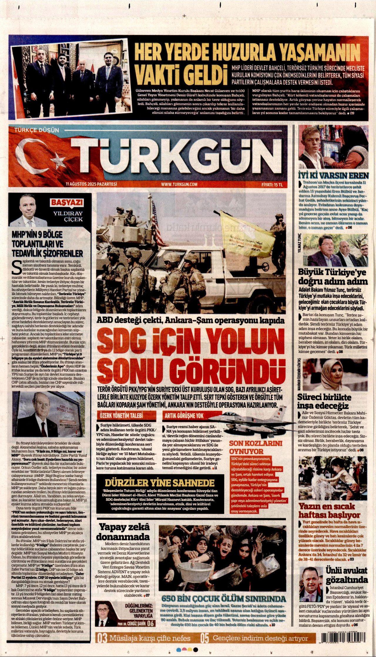 TÜRKGÜN gazetesinin 11 Ağustos 2025 tarihli birinci sayfası