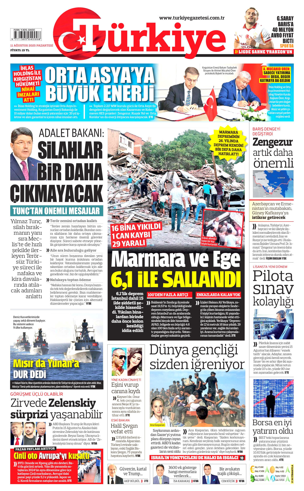TÜRKİYE GAZETESİ gazetesinin 11 Ağustos 2025 tarihli birinci sayfası