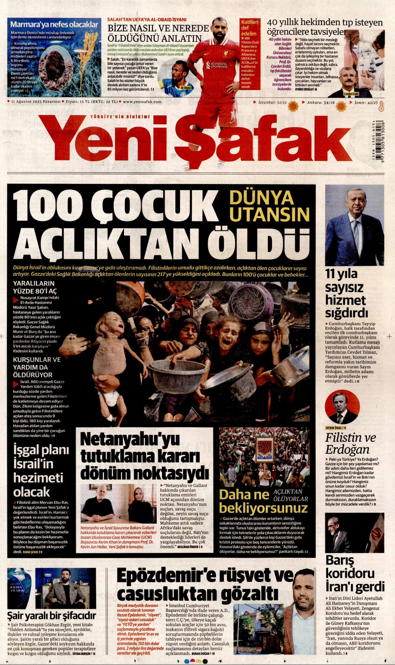 YENİ ŞAFAK gazetesinin 11 Ağustos 2025 tarihli birinci sayfası
