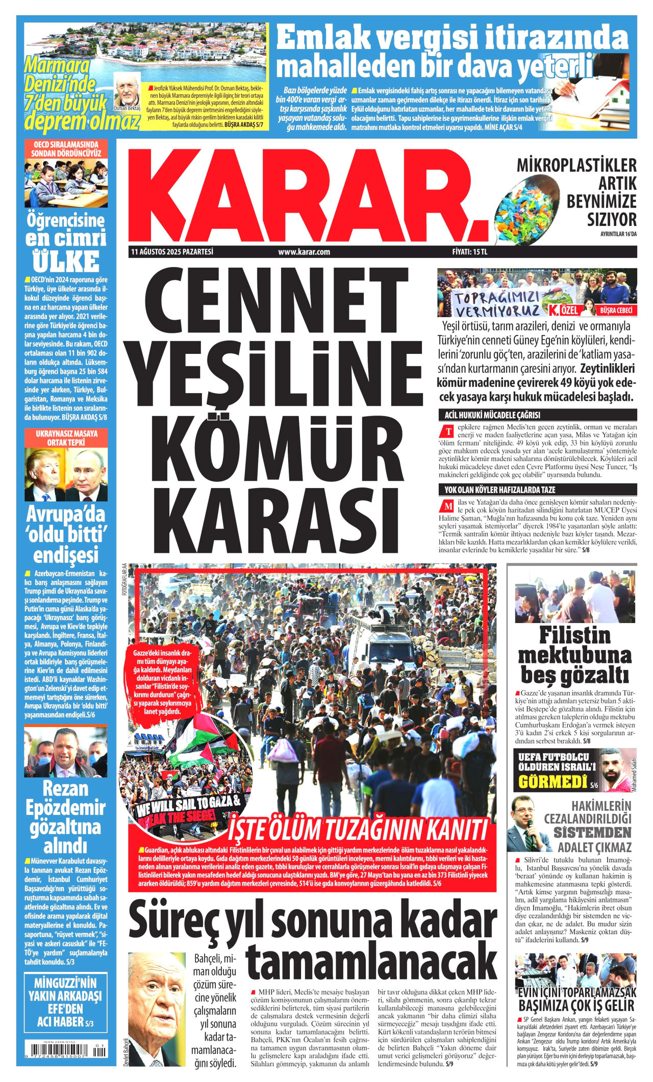 KARAR gazetesinin 11 Ağustos 2025 tarihli birinci sayfası