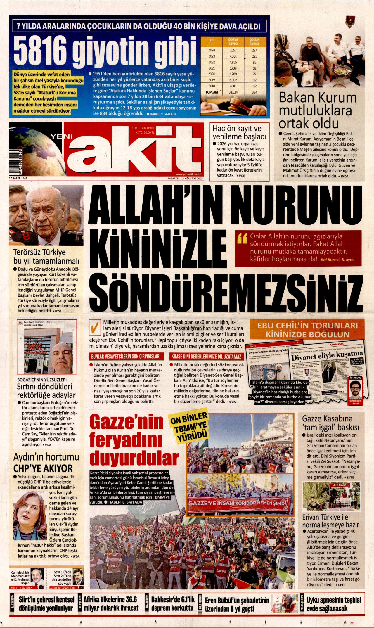 YENİ AKİT gazetesinin 11 Ağustos 2025 tarihli birinci sayfası