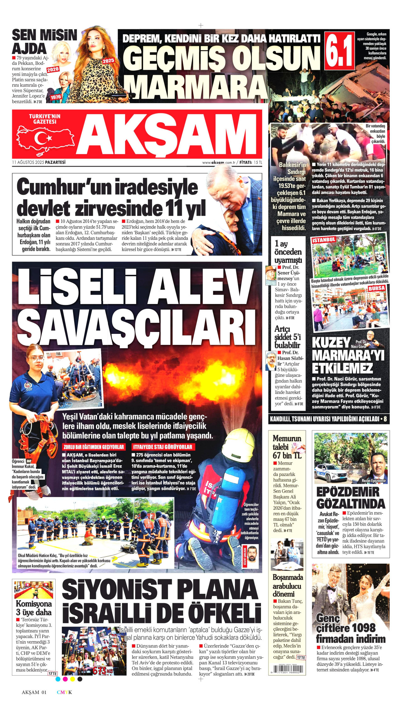 AKŞAM gazetesinin 11 Ağustos 2025 tarihli birinci sayfası