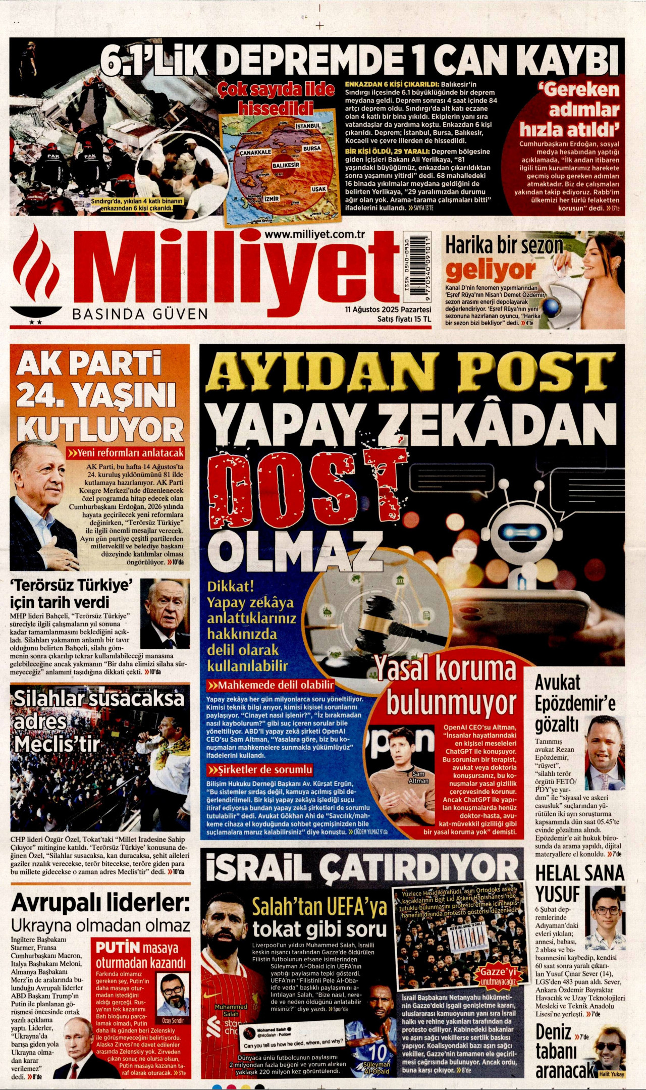 MİLLİYET gazetesinin 11 Ağustos 2025 tarihli birinci sayfası