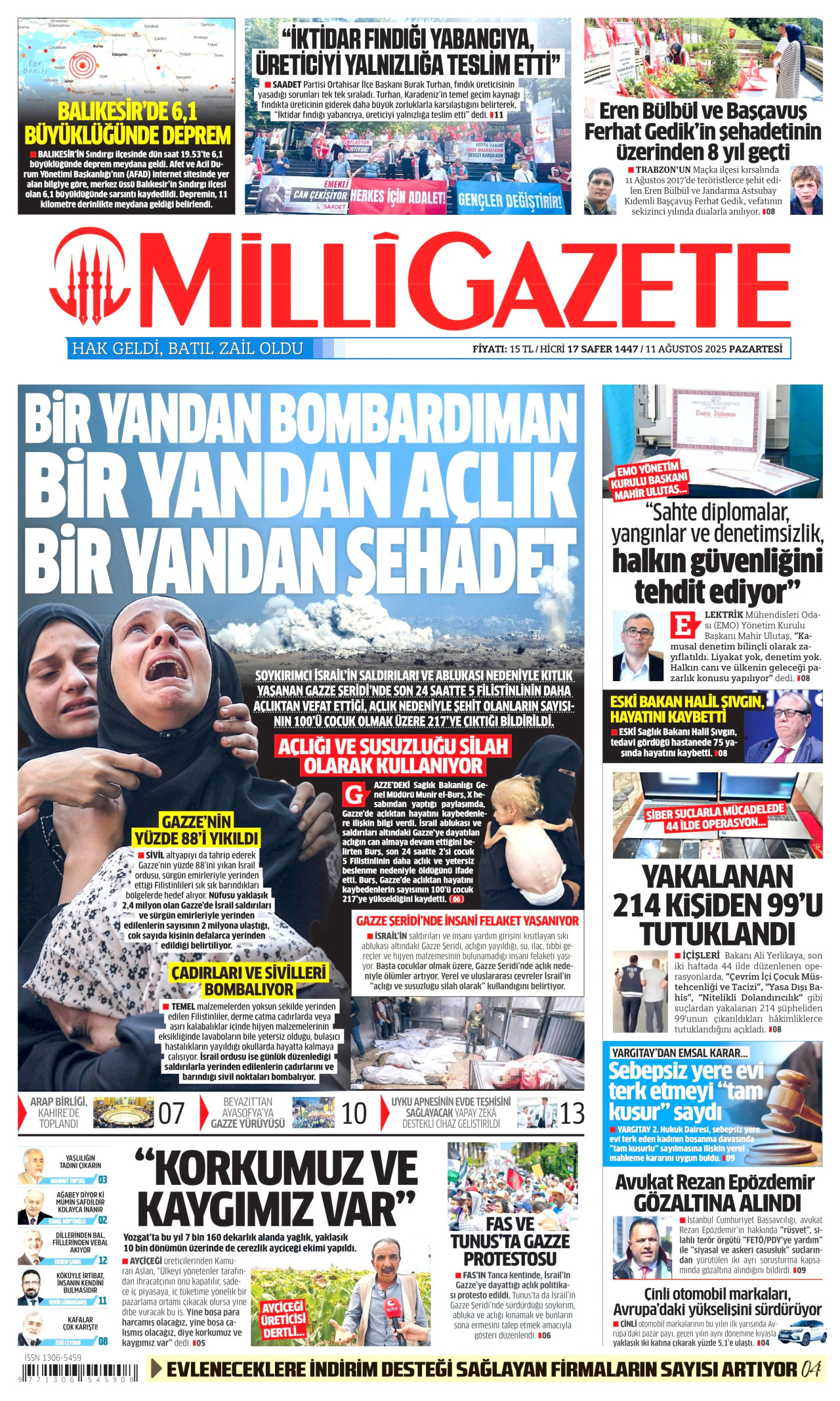MİLLİ GAZETE gazetesinin 11 Ağustos 2025 tarihli birinci sayfası