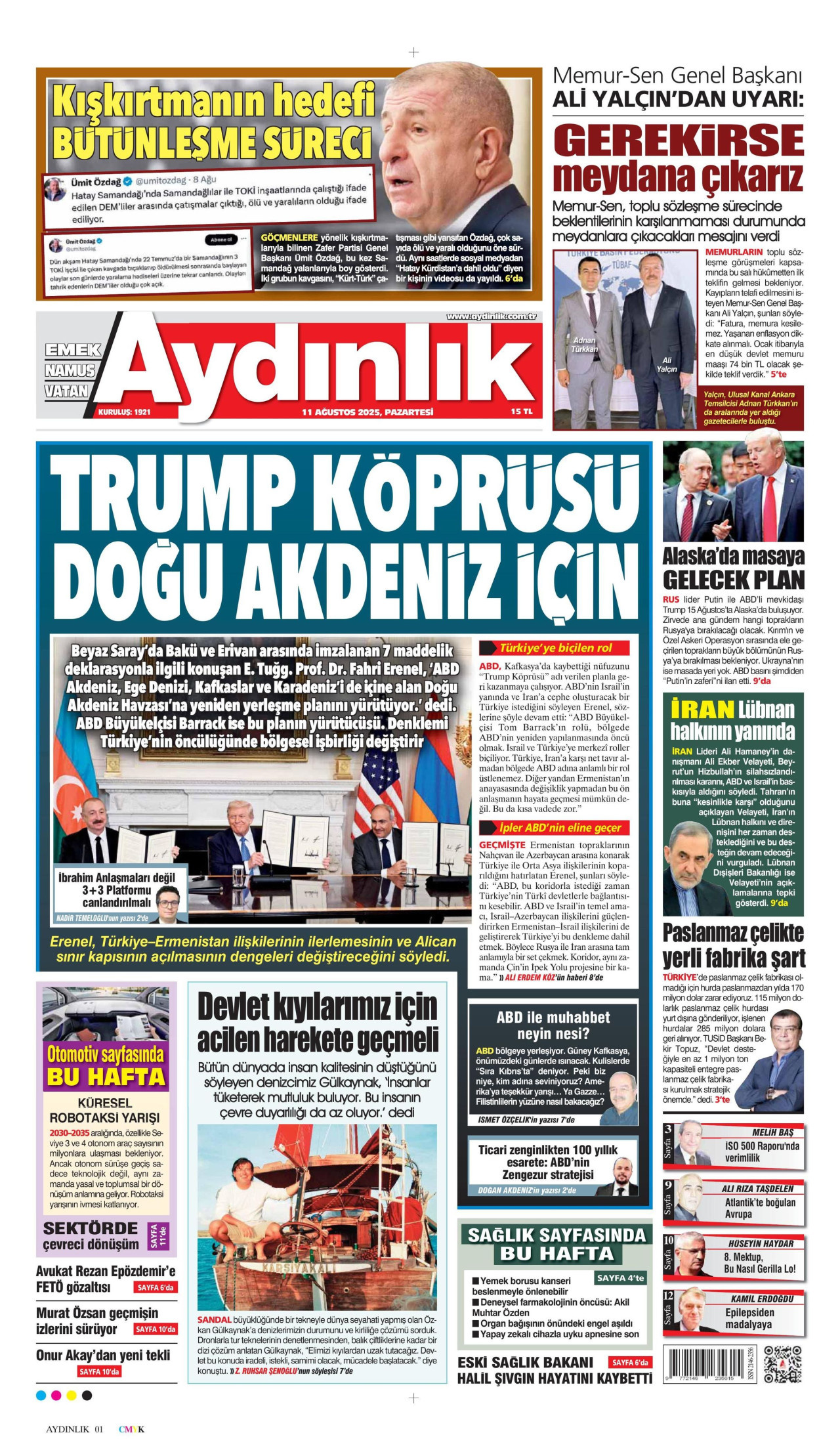 AYDINLIK GAZETESİ gazetesinin 11 Ağustos 2025 tarihli birinci sayfası