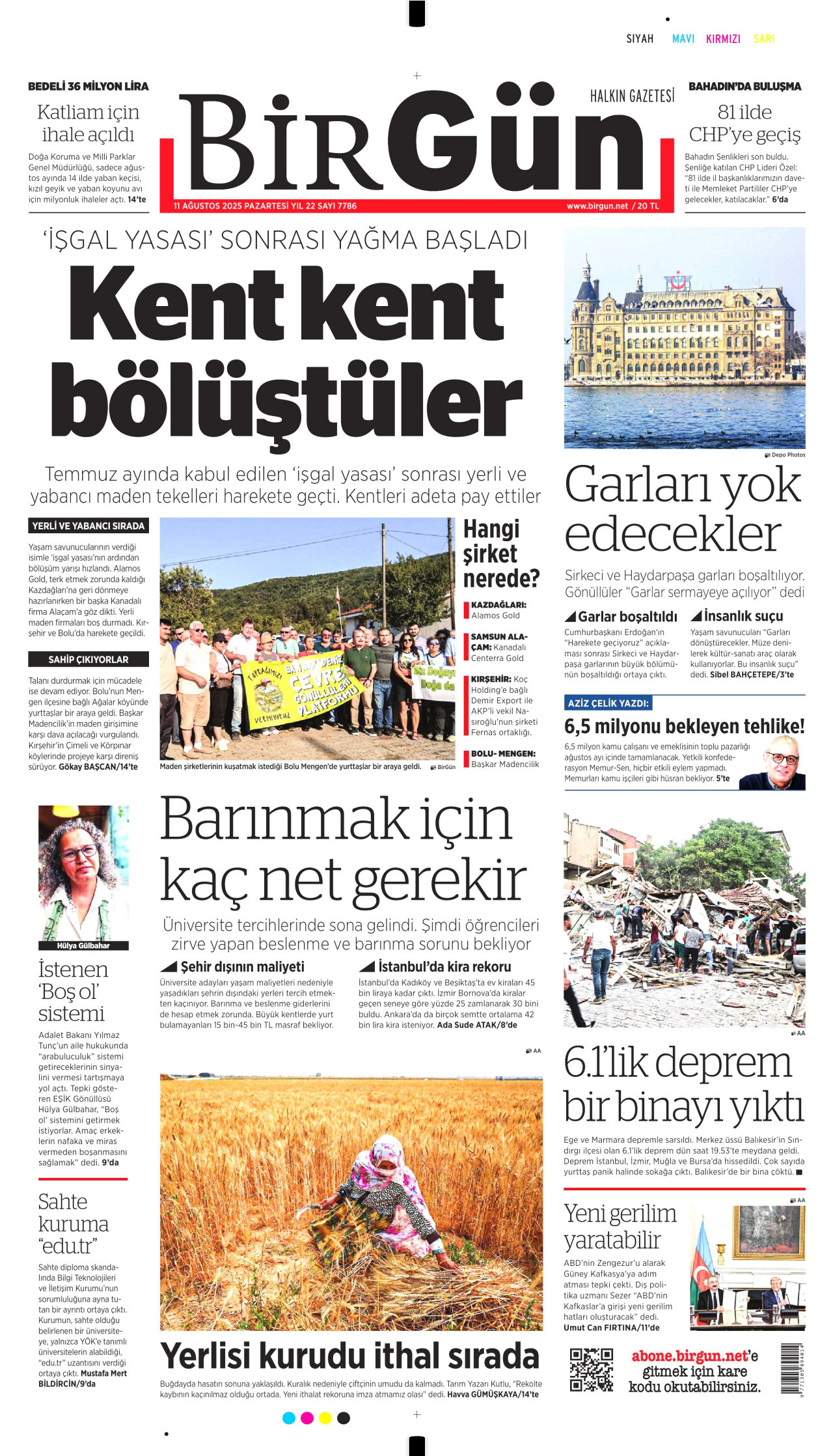 BİRGÜN gazetesinin 11 Ağustos 2025 tarihli birinci sayfası