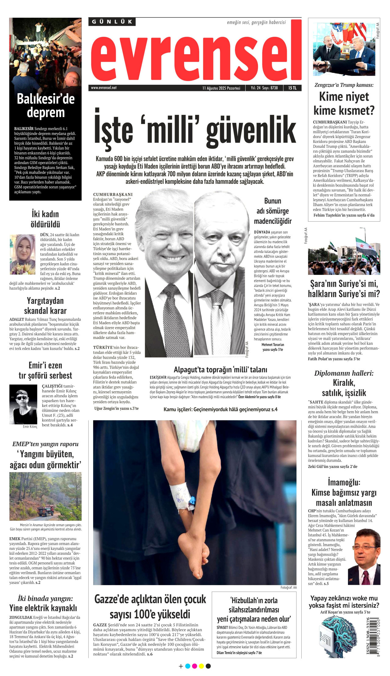 EVRENSEL gazetesinin 11 Ağustos 2025 tarihli birinci sayfası
