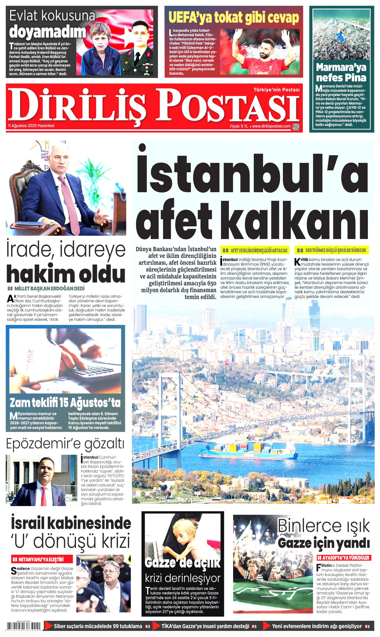DİRİLİŞ POSTASI gazetesinin 11 Ağustos 2025 tarihli birinci sayfası