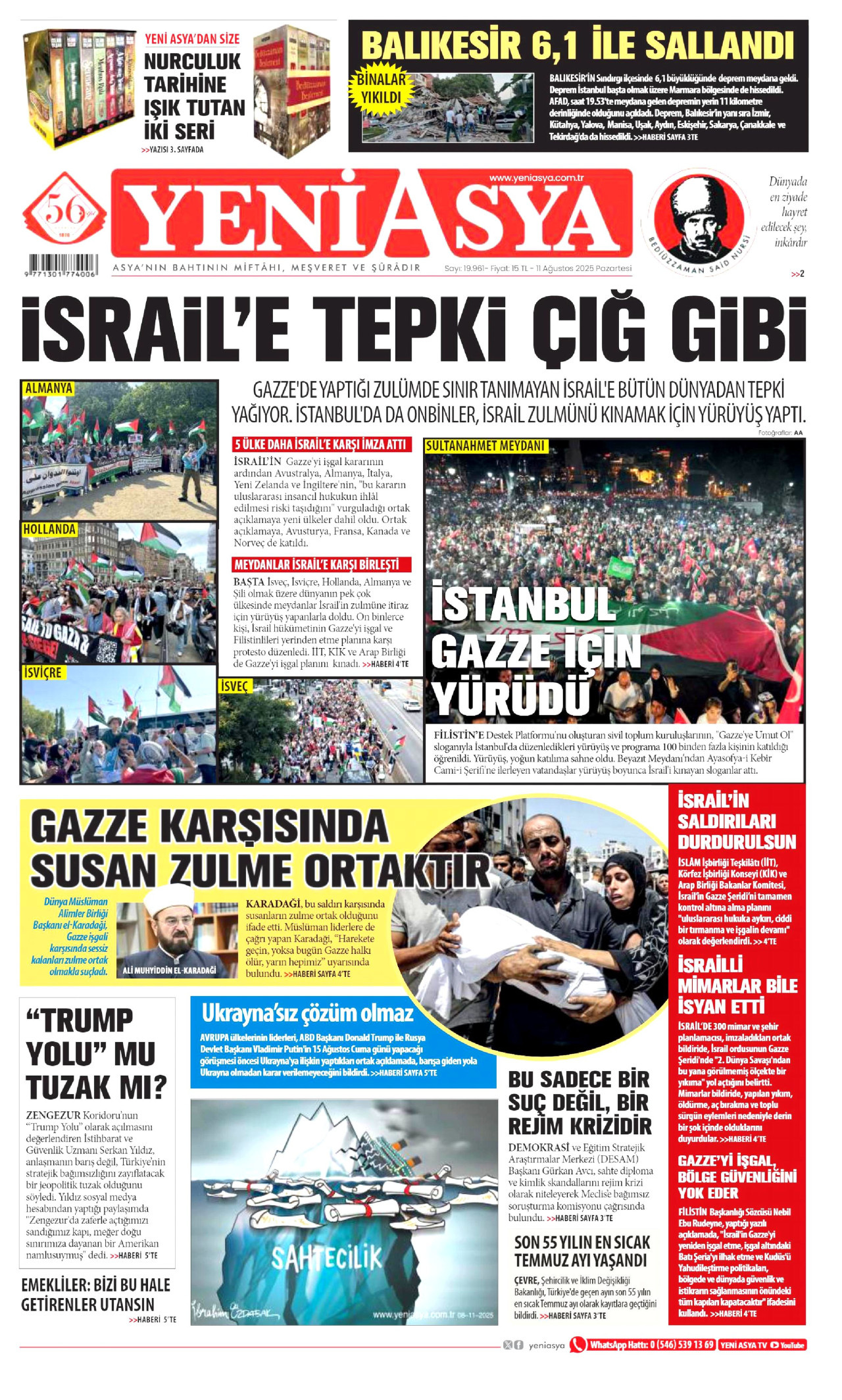 YENİ ASYA gazetesinin 11 Ağustos 2025 tarihli birinci sayfası