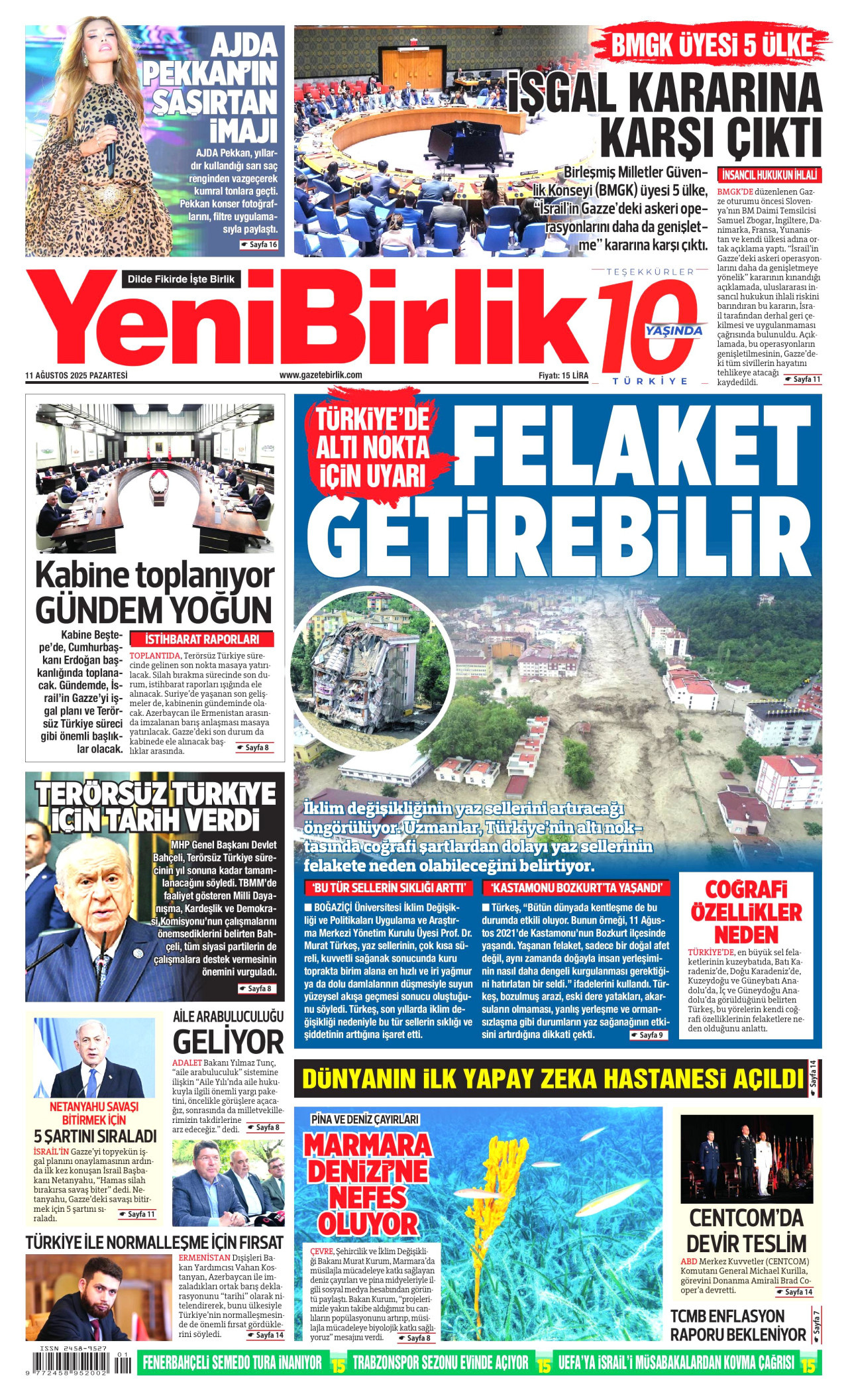 YENİBİRLİK gazetesinin 11 Ağustos 2025 tarihli birinci sayfası