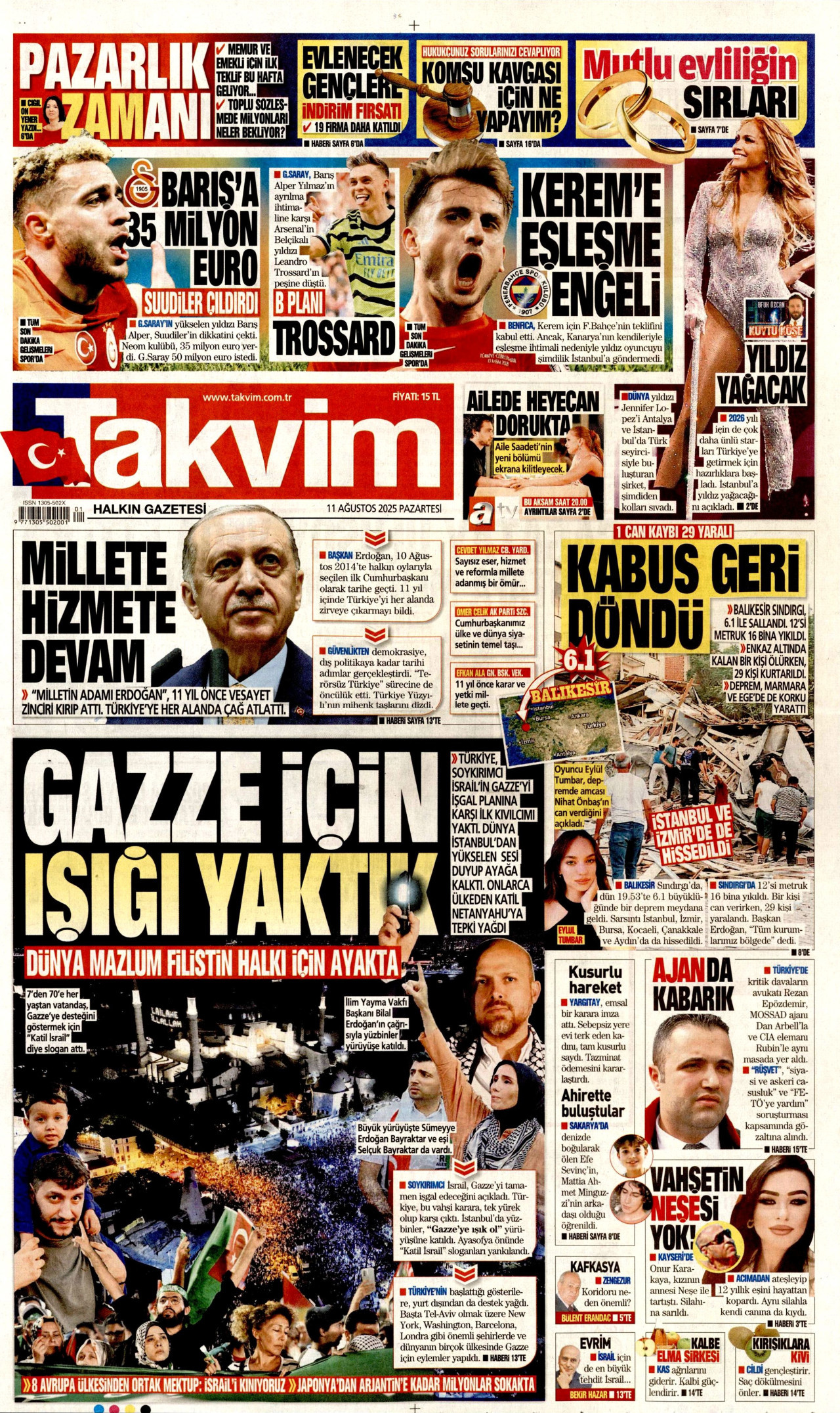 TAKVİM gazetesinin 11 Ağustos 2025 tarihli birinci sayfası