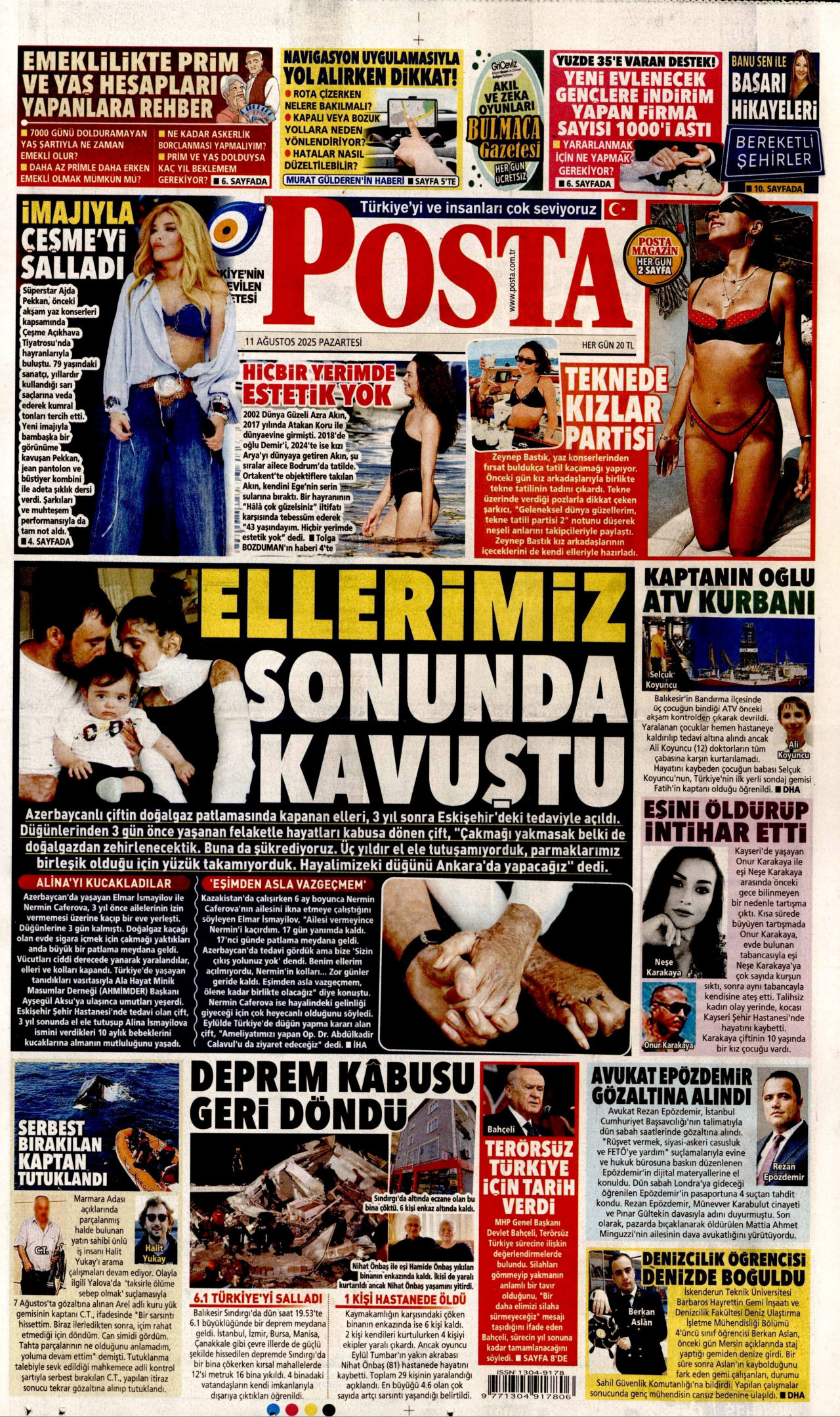 POSTA gazetesinin 11 Ağustos 2025 tarihli birinci sayfası
