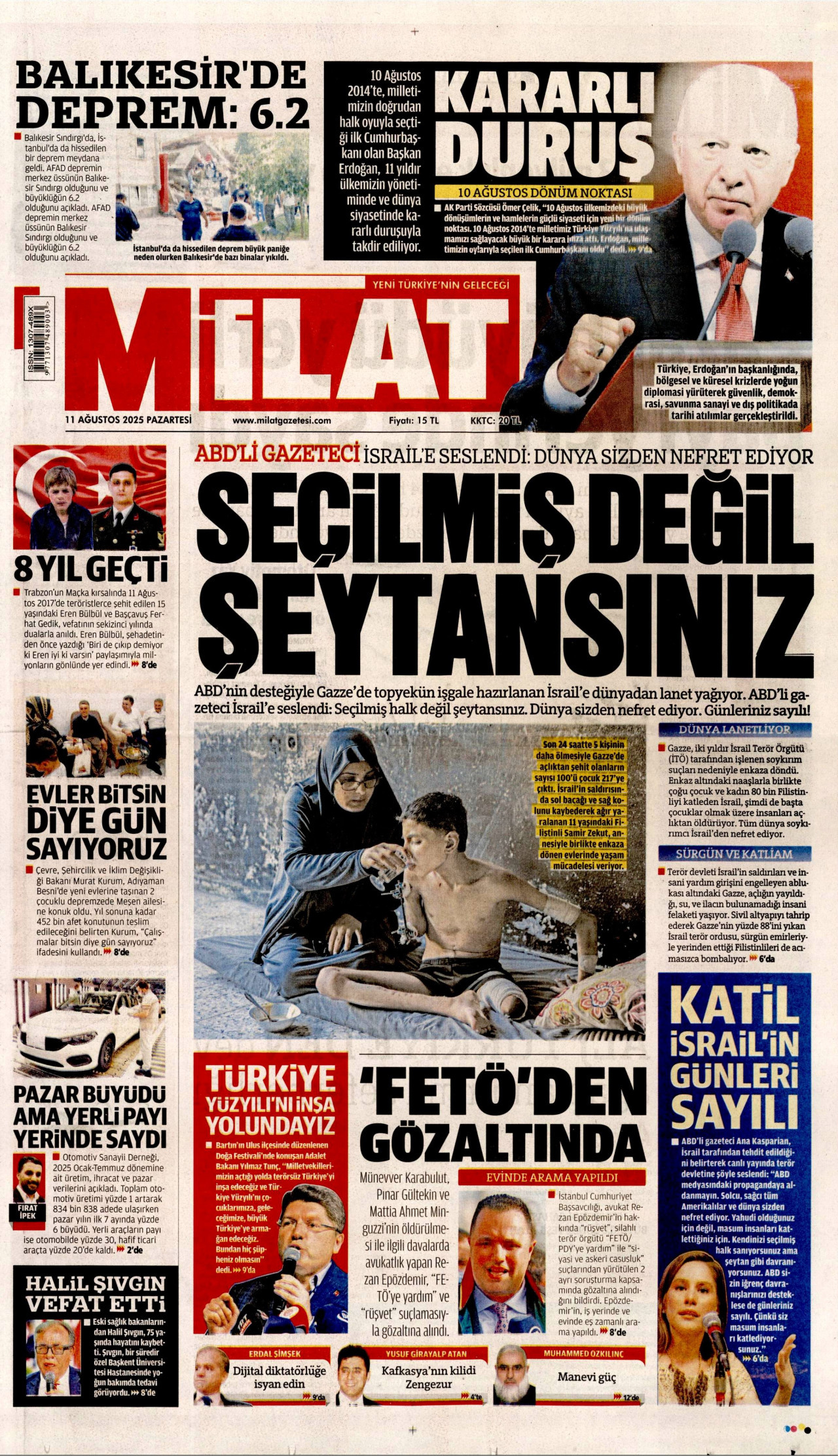 MİLAT gazetesinin 11 Ağustos 2025 tarihli birinci sayfası