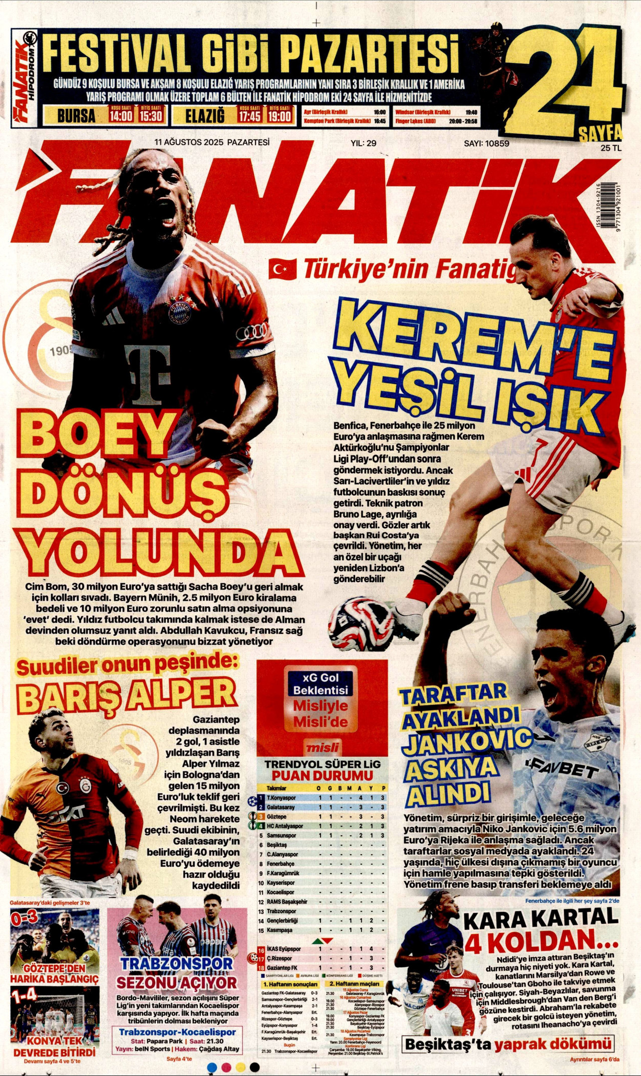 FANATİK gazetesinin 11 Ağustos 2025 tarihli birinci sayfası
