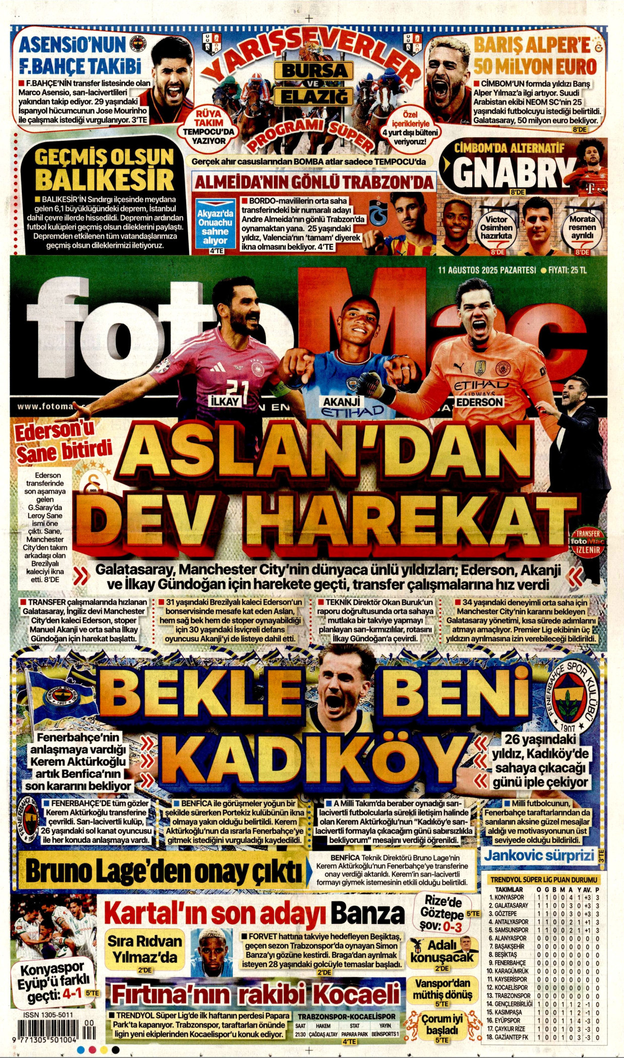 FOTOMAÇ gazetesinin 11 Ağustos 2025 tarihli birinci sayfası