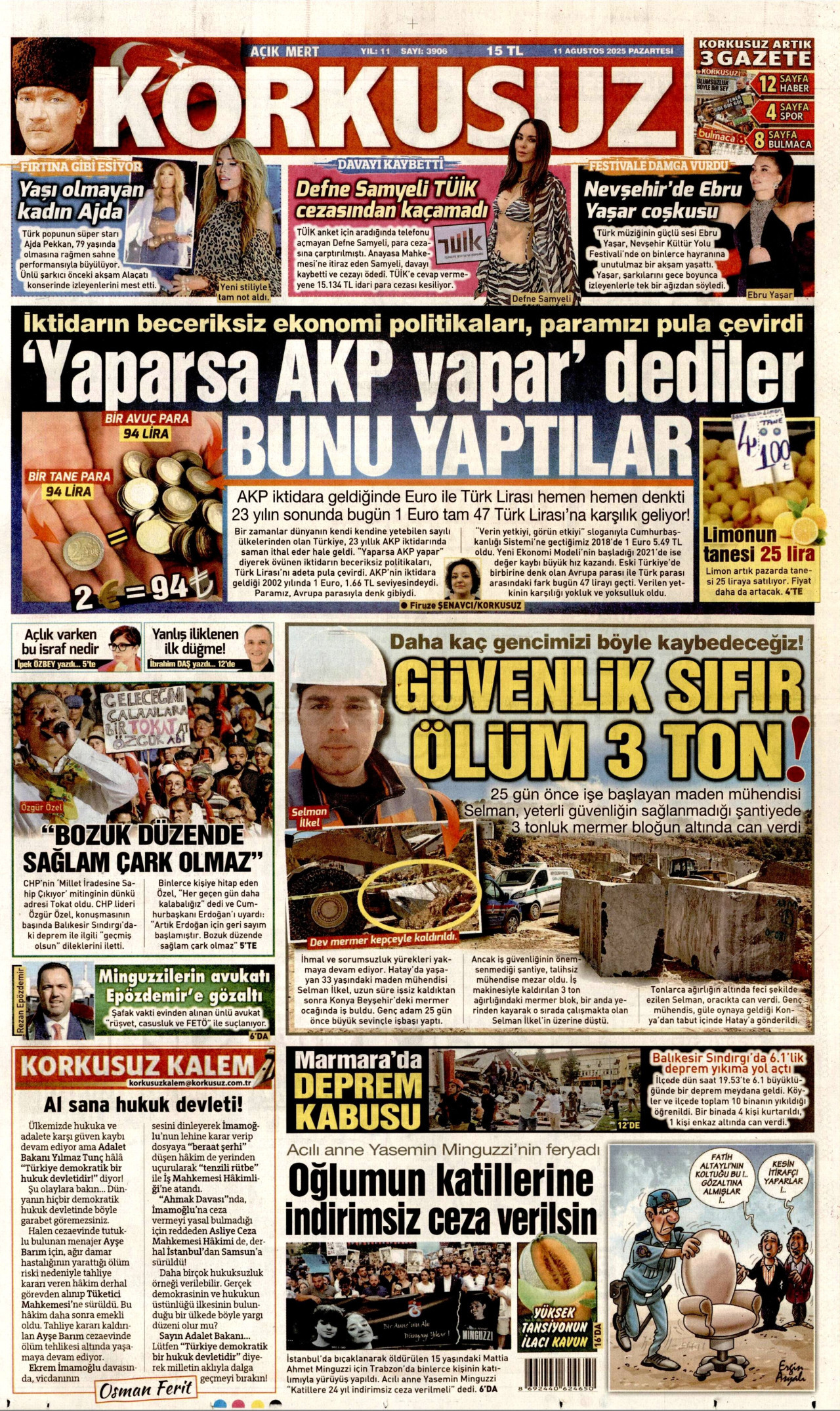KORKUSUZ gazetesinin 11 Ağustos 2025 tarihli birinci sayfası