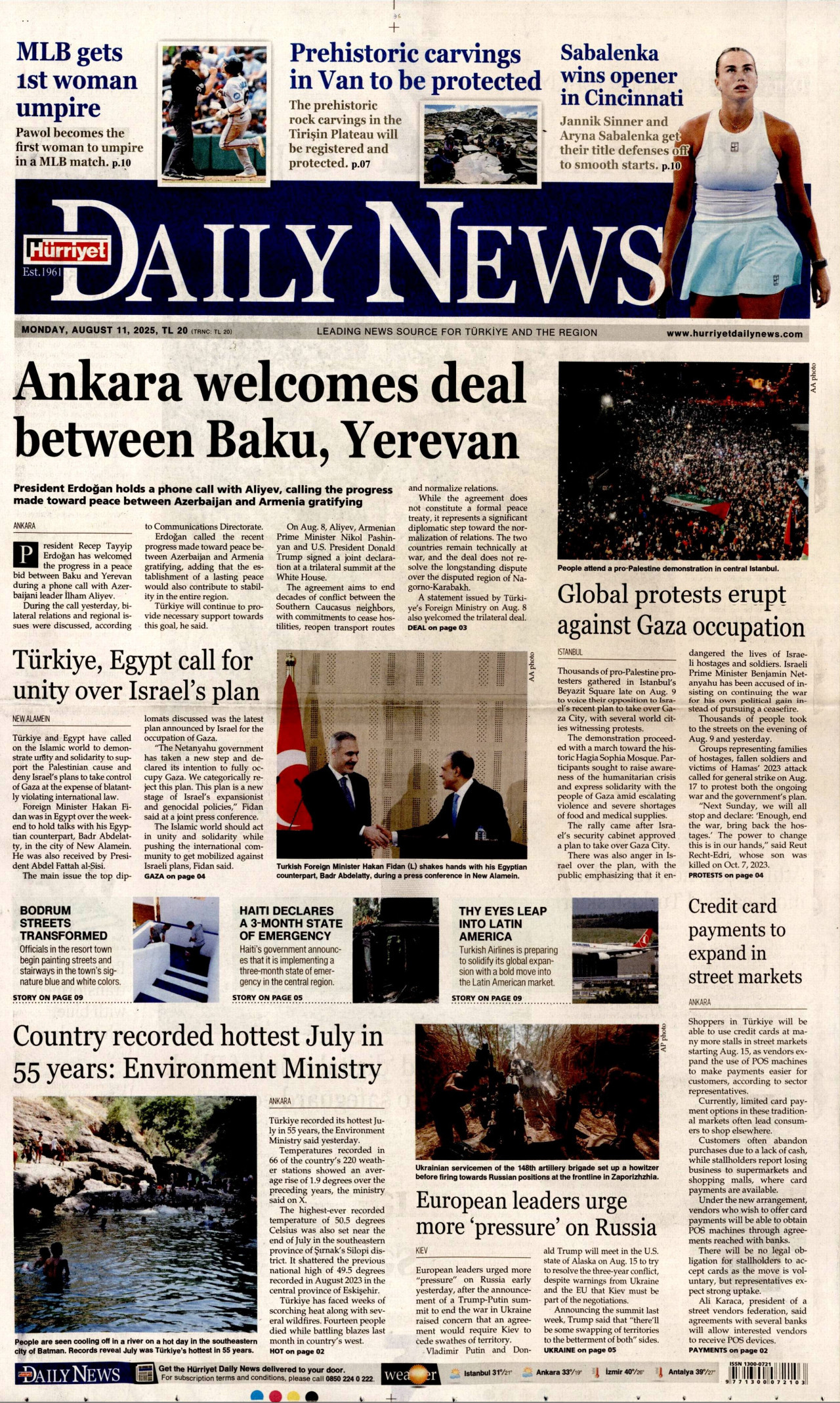 HÜRRİYET DAİLY NEWS gazetesinin 11 Ağustos 2025 tarihli birinci sayfası