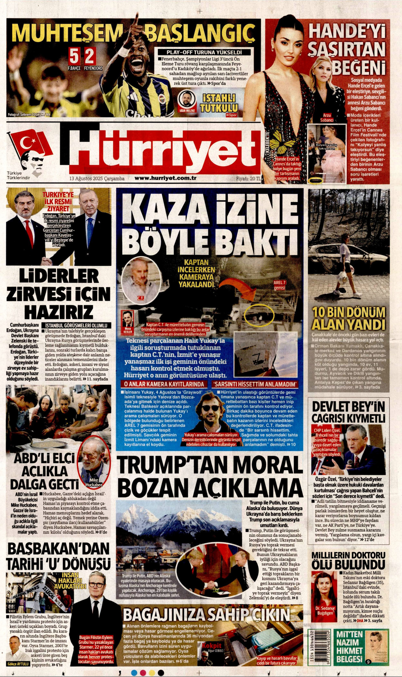 HÜRRİYET gazetesinin 13 Ağustos 2025 tarihli birinci sayfası