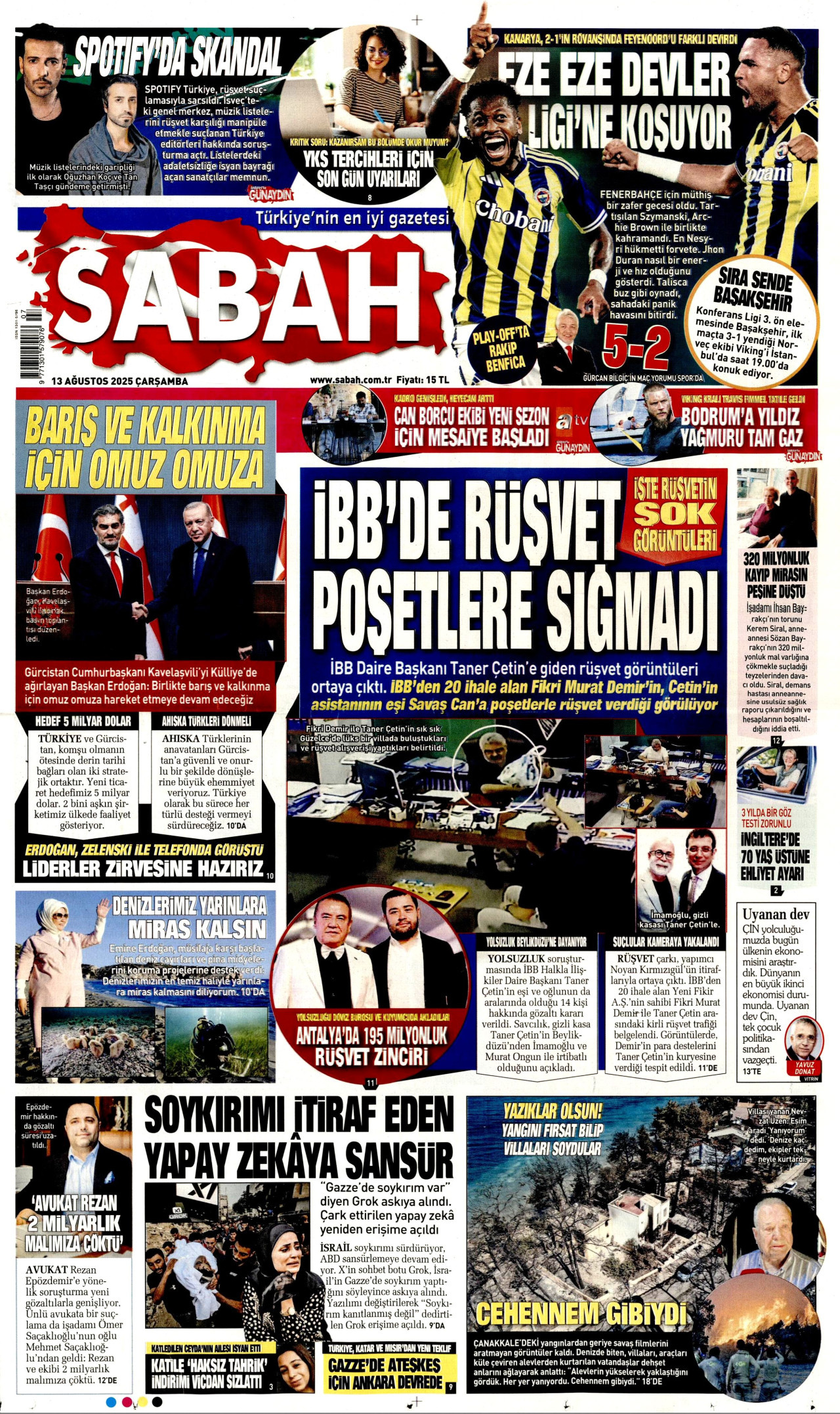SABAH gazetesinin 13 Ağustos 2025 tarihli birinci sayfası