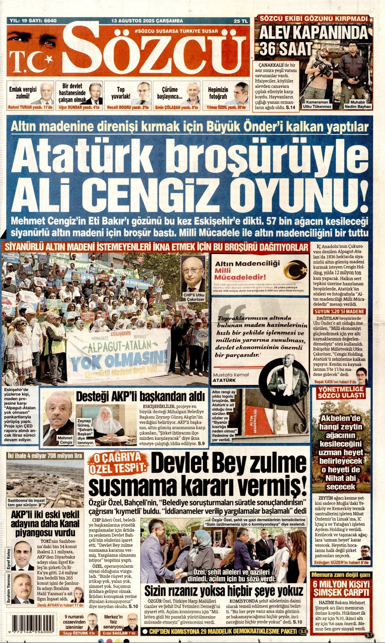 SÖZCÜ gazetesinin 13 Ağustos 2025 tarihli birinci sayfası