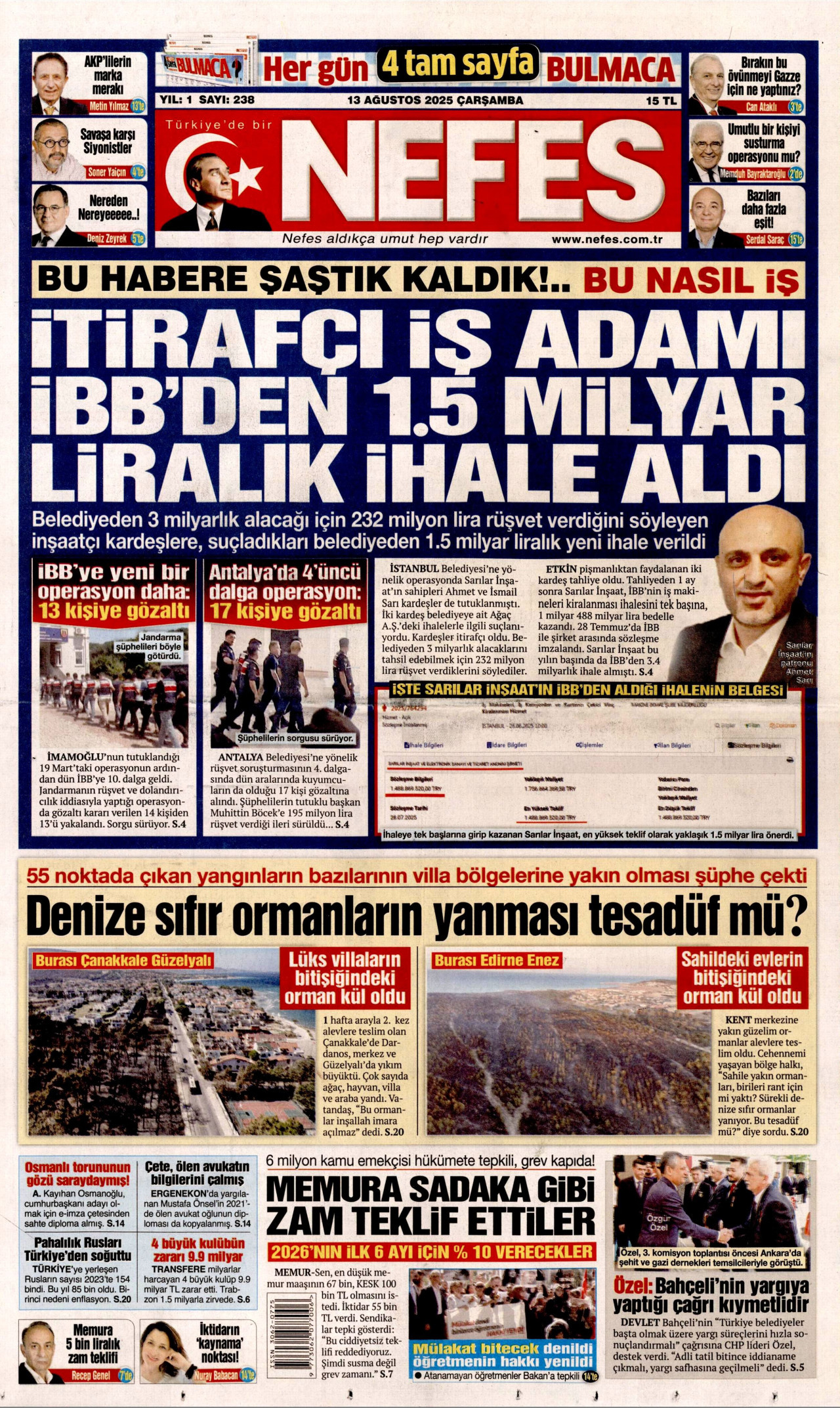 NEFES gazetesinin 13 Ağustos 2025 tarihli birinci sayfası