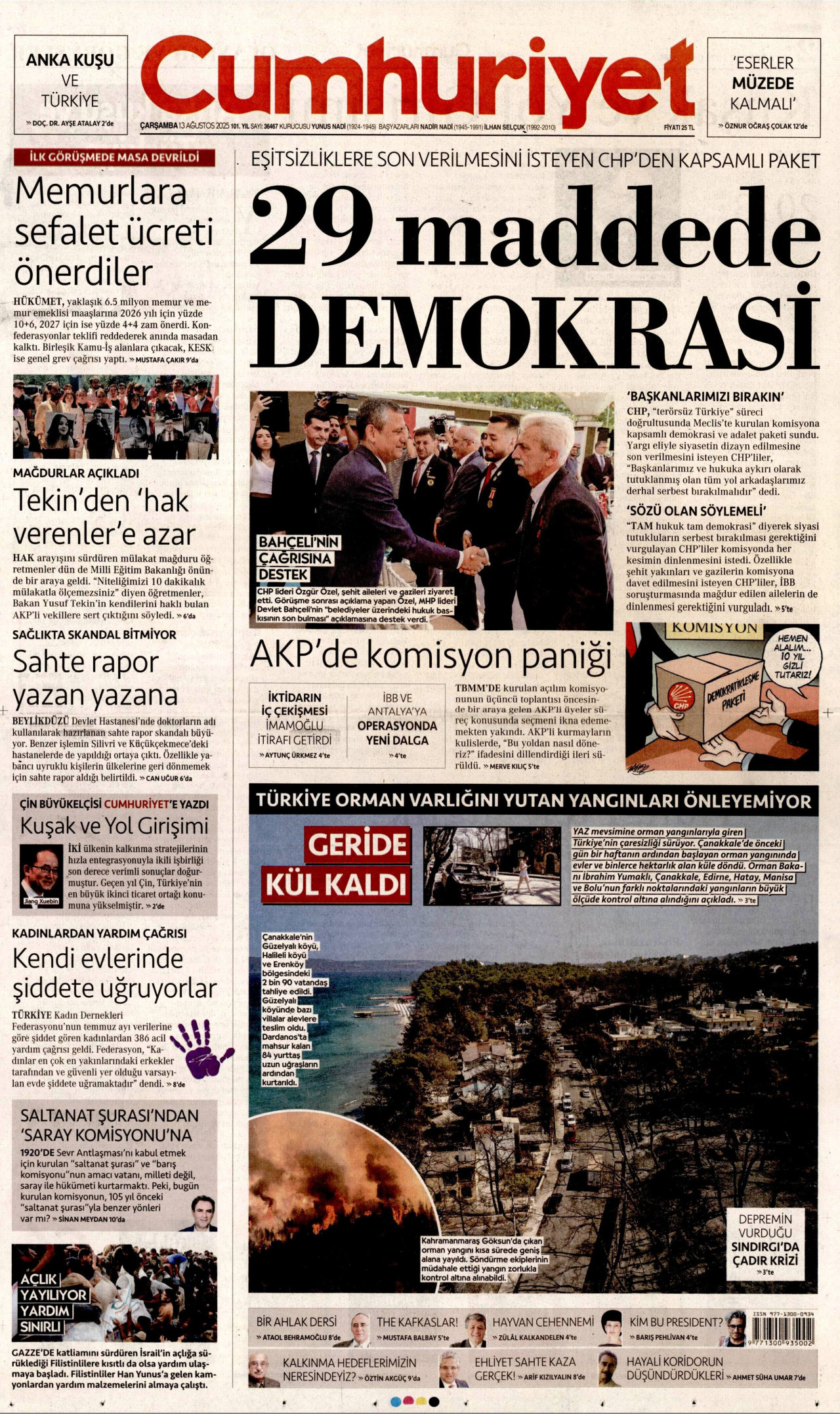 CUMHURİYET gazetesinin 13 Ağustos 2025 tarihli birinci sayfası