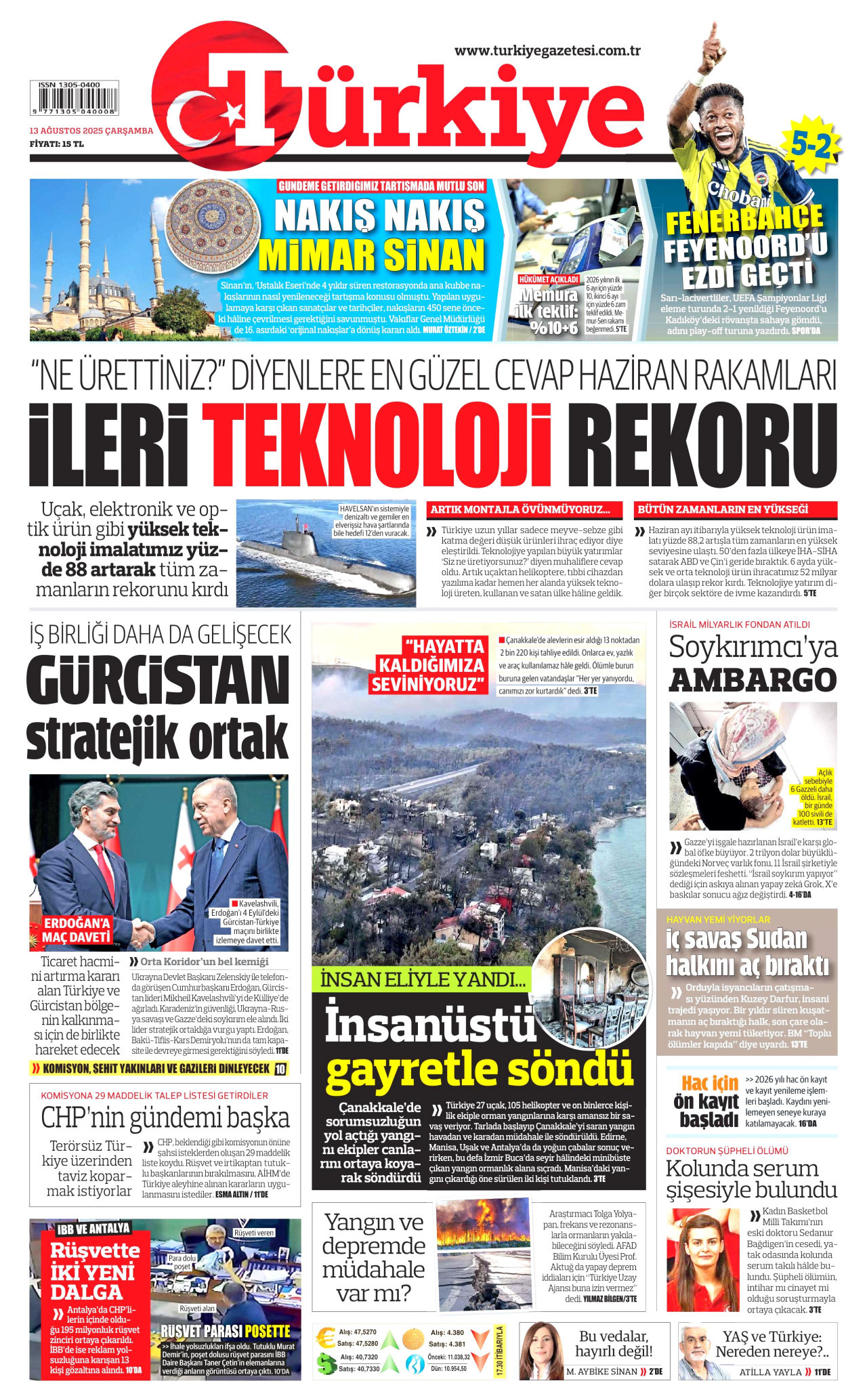 TÜRKİYE GAZETESİ gazetesinin 13 Ağustos 2025 tarihli birinci sayfası