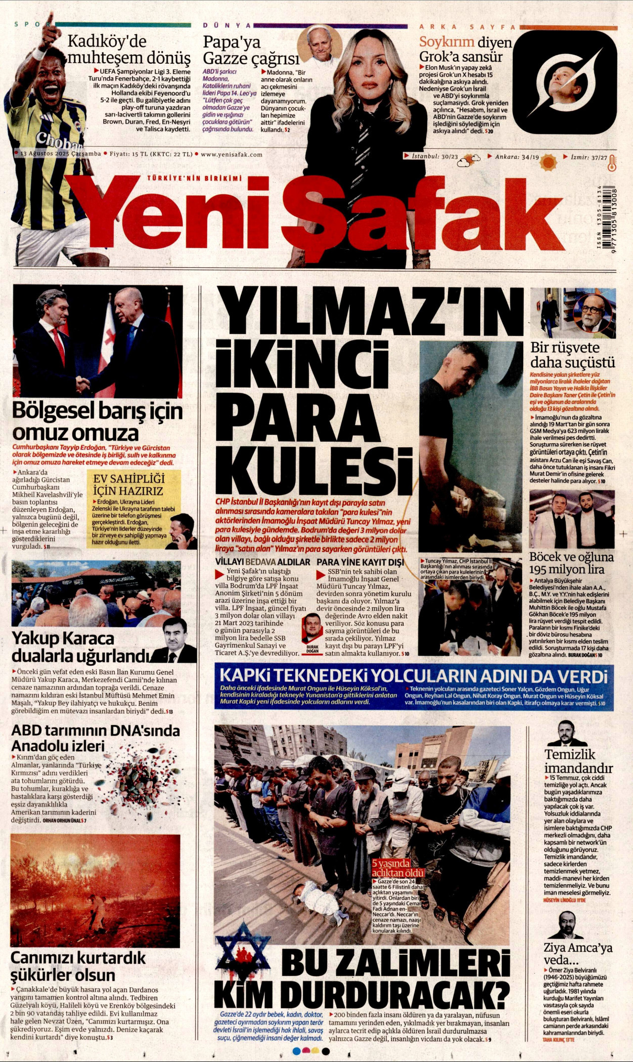 YENİ ŞAFAK gazetesinin 13 Ağustos 2025 tarihli birinci sayfası