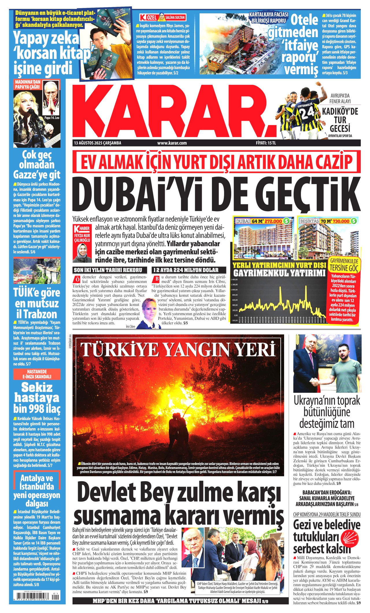 KARAR gazetesinin 13 Ağustos 2025 tarihli birinci sayfası