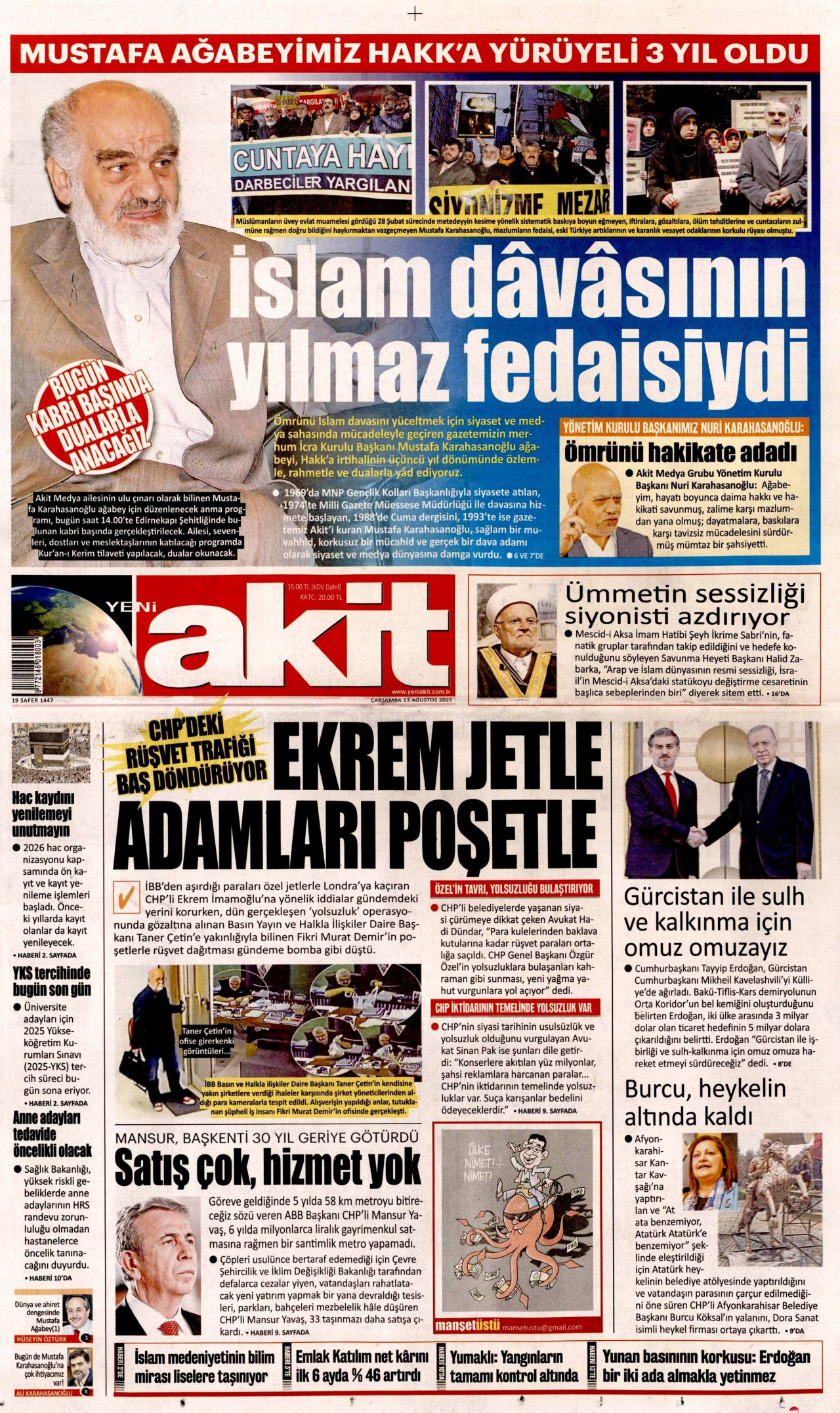 YENİ AKİT gazetesinin 13 Ağustos 2025 tarihli birinci sayfası