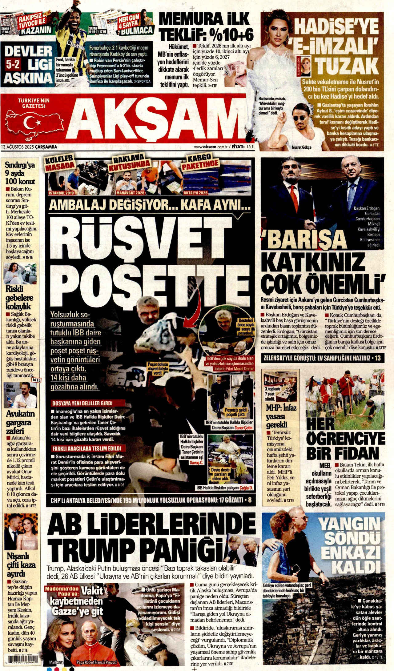 AKŞAM gazetesinin 13 Ağustos 2025 tarihli birinci sayfası