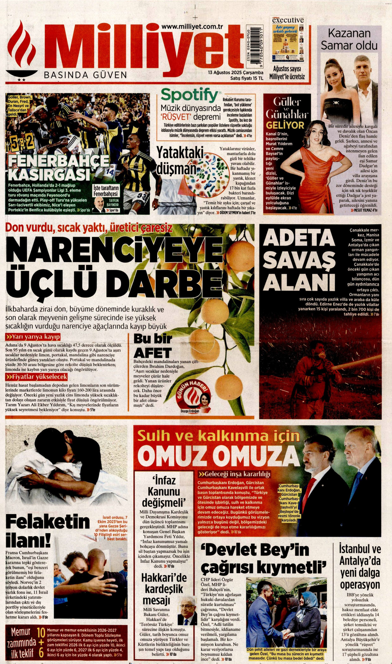 MİLLİYET gazetesinin 13 Ağustos 2025 tarihli birinci sayfası