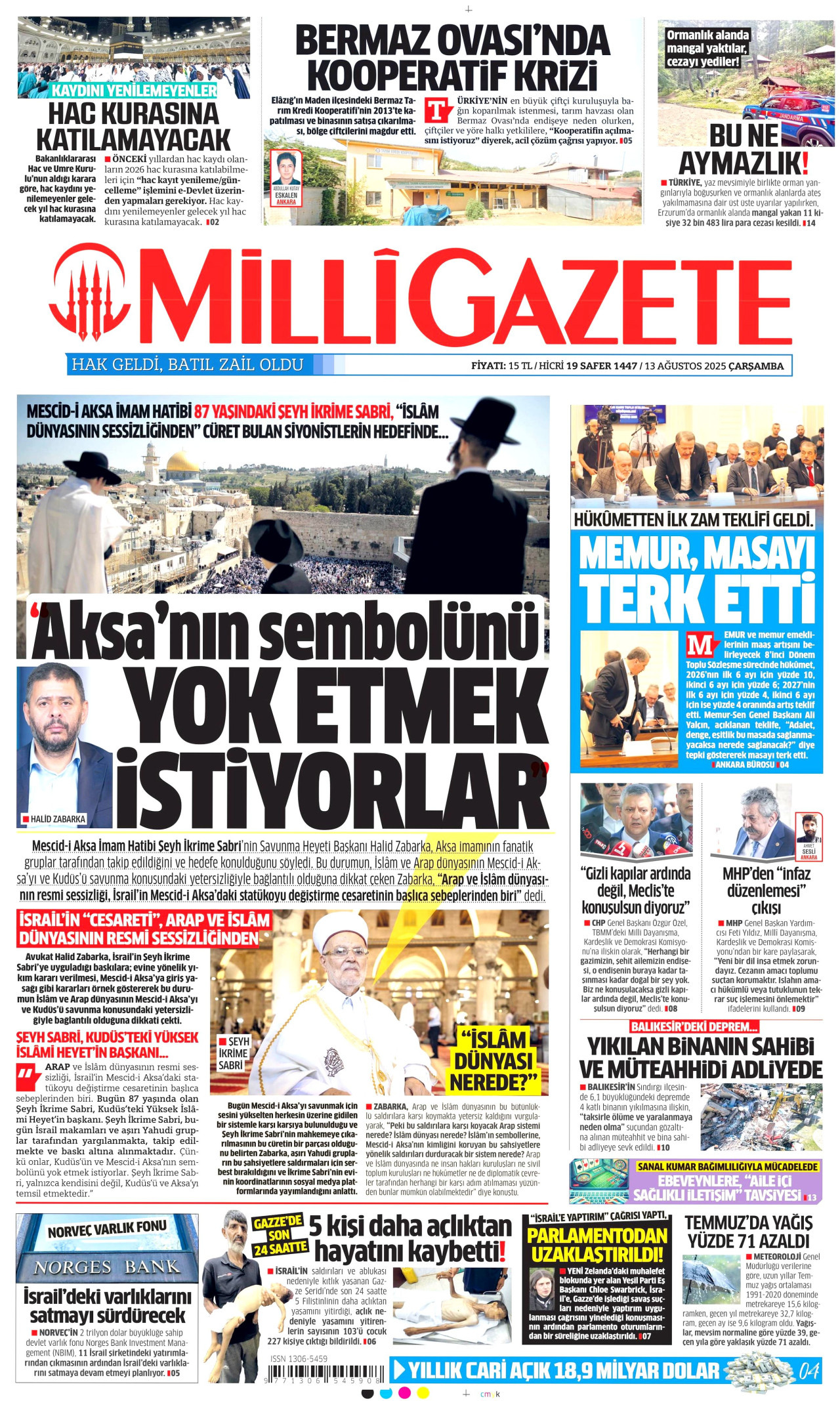 MİLLİ GAZETE gazetesinin 13 Ağustos 2025 tarihli birinci sayfası